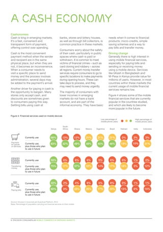 Cashonomies
Cash is king in emerging markets.
It’s a fast, convenient and
transparent form of payment,
offering control over spending.
Cash is the most convenient
payment method when the sender
and recipient are in the same
physical place, but when they are
not, it becomes an inconvenience.
When a consumer needs to
visit a specific place to send
money and the process involves
administration, several days may
be added to the payment’s arrival.
Another driver for paying in cash is
the opportunity to bargain. Many
stores only accept cash, and
discounts are sometimes given
to consumers paying this way.
Settling bills using cash at
banks, stores and lottery houses,
as well as through bill collectors, is
common practice in these markets.
Consumers worry about the safety
of their cash, particularly in public
spaces where cash is paid or
withdrawn. It is common to meet
victims of financial crimes – such as
card cloning and robbery – across
all regions. Current money transfer
services require consumers to go to
specific locations to make payments
during opening hours. These can
take days to process, and they
may need to send money urgently.
The majority of consumers with
lower incomes in emerging
markets do not have a bank
account, and are part of the
informal economy. They have basic
needs when it comes to financial
products: micro-credits, simple
saving schemes and a way to
pay bills and transfer money.
Driving change
Generally there is high interest in
using mobile financial services,
especially for paying bills and
sending or receiving money
using a mobile device. Services
like bKash in Bangladesh and
M-Pesa in Kenya provide value for
millions of users. However, in most
countries within these markets the
current usage of mobile financial
services remains low.
Figure 4 shows some of the mobile
financial services that are currently
popular in the countries studied,
and which are likely to become
more popular in the future.
6  ERICSSON CONSUMERLAB MOBILE COMMERCE IN EMERGING MARKETS
Figure 4: Financial services used on mobile devices
A cash economy
Source: Ericsson ConsumerLab Analytical Platform, 2013
Base: Percentage of population carrying out financial services on their mobile
Currently use
Currently use
Currently use
Currently use,
plus those who plan
to use in future
Currently use,
plus those who plan
to use in future
Currently use,
plus those who plan
to use in future
Payment
for goods
or services
Transfering
money
Paying bills
Low percentage of
mobile phone users
High percentage of
mobile phone users
Kenya
33%
68%
59%
75%
60%
83%
South
Africa
2%
13%
6%
17%
9%
32%
Ghana
4%
12%
8%
37%
28%
49%
Mexico
6%
21%
6%
22%
25%
48%
Argentina
5%
21%
5%
14%
17%
40%
Brazil
8%
21%
6%
17%
20%
48%
Vietnam
0%
0%
6%
18%
15%
19%
India
1%
3%
1%
3%
6%
10%
1%
3%
2%
Indonesia
12%
15%
21%
 