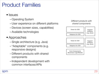 spm
Product Families
• Issues
– Operating System
– User experience on different platforms
– Devices (screen sizes, capabilities)
– Available technologies
• Approaches
– Single architecture (e.g. Java)
– “Adaptable” components (e.g.
responsive designs)
– Different products with shared
components
– Independent development with
common interfaces/APIs
!29
Core Components
(Business Logic/Model)
Views for OS1
Views for OS2
Adaptors for OS1
Adaptors for OS1
Support
Artifacts
(e.g. docs)
Support
Artifacts
(e.g. docs)
Different products with
shared components
 