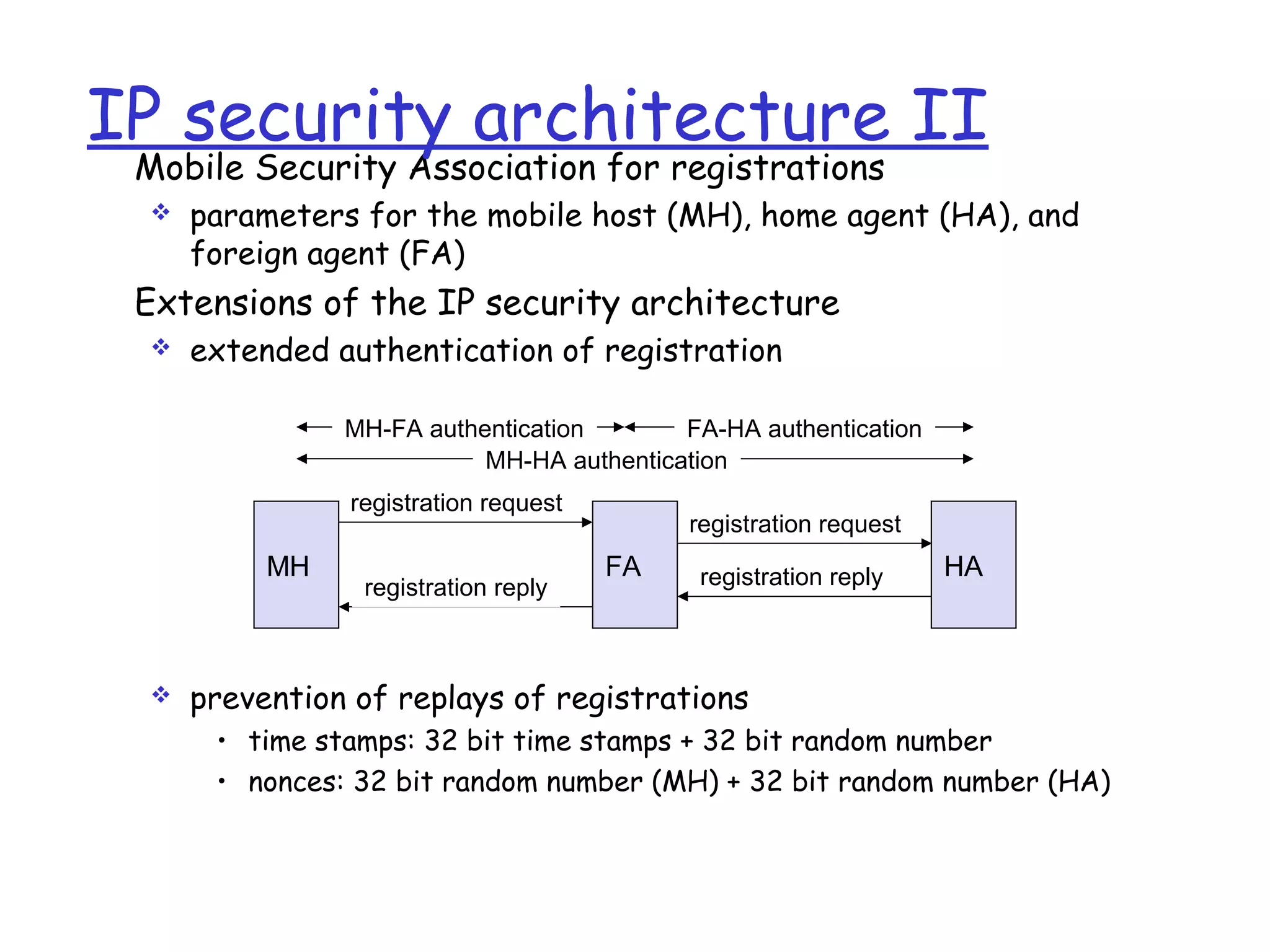 Mobile Security Association for registrations
 parameters for the mobile host (MH), home agent (HA), and
foreign agent (FA)
Extensions of the IP security architecture
 extended authentication of registration
 prevention of replays of registrations
• time stamps: 32 bit time stamps + 32 bit random number
• nonces: 32 bit random number (MH) + 32 bit random number (HA)
registration reply
registration request
registration request
IP security architecture II
MH FA HA
registration reply
MH-HA authentication
MH-FA authentication FA-HA authentication
 