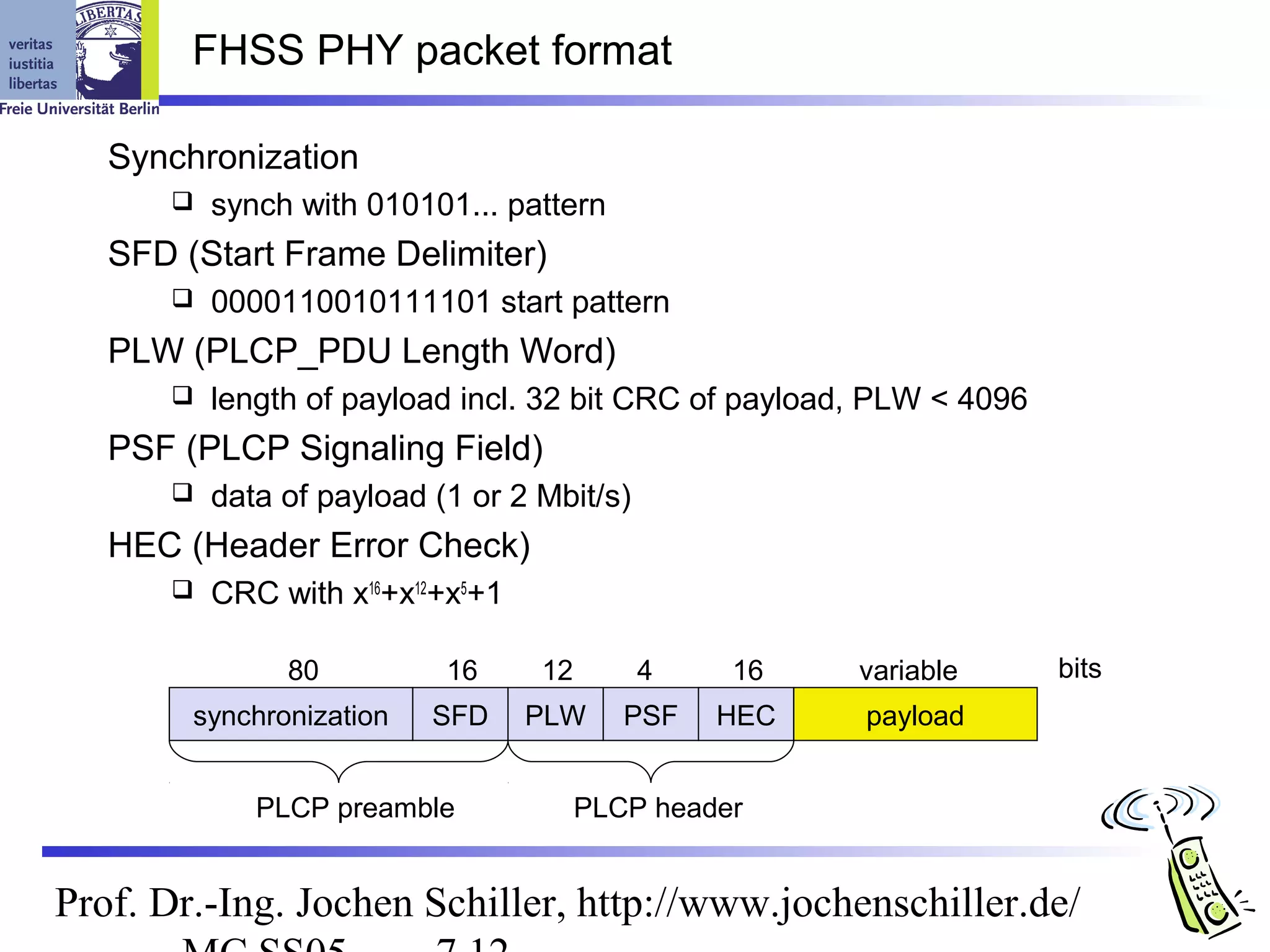 FHSS PHY packet format

   Synchronization
         synch with 010101... pattern
   SFD (Start Frame Delimiter)
         0000110010111101 start pattern
   PLW (PLCP_PDU Length Word)
         length of payload incl. 32 bit CRC of payload, PLW < 4096
   PSF (PLCP Signaling Field)
         data of payload (1 or 2 Mbit/s)
   HEC (Header Error Check)
         CRC with x16+x12+x5+1

               80          16     12        4    16    variable       bits
        synchronization   SFD     PLW     PSF   HEC    payload


             PLCP preamble             PLCP header


Prof. Dr.-Ing. Jochen Schiller, http://www.jochenschiller.de/
 