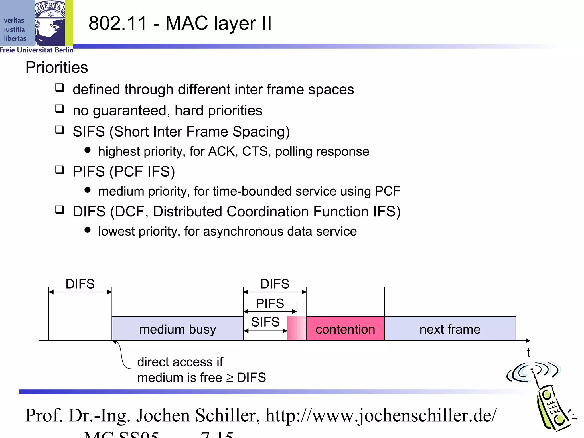 802.11 - MAC layer II

Priorities
     defined through different inter frame spaces
     no guaranteed, hard priorities
     SIFS (Short Inter Frame Spacing)
              highest priority, for ACK, CTS, polling response
       PIFS (PCF IFS)
              medium priority, for time-bounded service using PCF
       DIFS (DCF, Distributed Coordination Function IFS)
              lowest priority, for asynchronous data service



        DIFS                                DIFS
                                           PIFS
                                          SIFS
                      medium busy                    contention      next frame
                                                                                  t
                     direct access if
                     medium is free ≥ DIFS


Prof. Dr.-Ing. Jochen Schiller, http://www.jochenschiller.de/
 