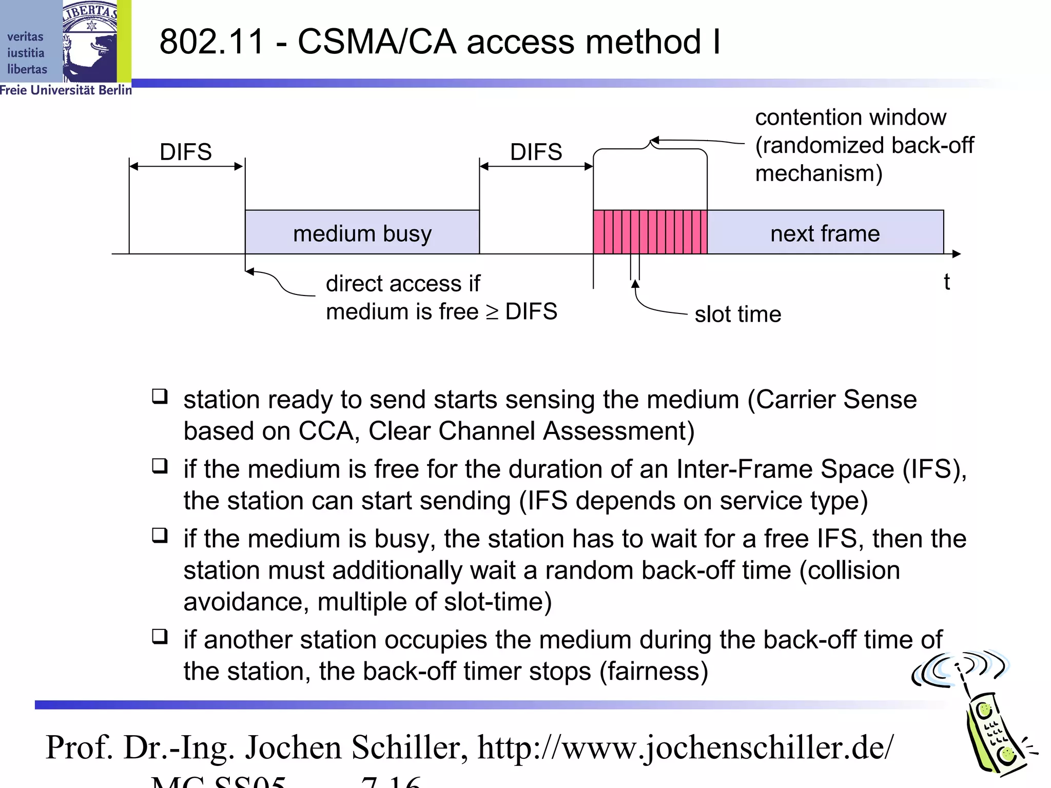 802.11 - CSMA/CA access method I

                                                             contention window
        DIFS                           DIFS                  (randomized back-off
                                                             mechanism)

                   medium busy                                next frame

                      direct access if                                        t
                      medium is free ≥ DIFS            slot time


        station ready to send starts sensing the medium (Carrier Sense
         based on CCA, Clear Channel Assessment)
        if the medium is free for the duration of an Inter-Frame Space (IFS),
         the station can start sending (IFS depends on service type)
        if the medium is busy, the station has to wait for a free IFS, then the
         station must additionally wait a random back-off time (collision
         avoidance, multiple of slot-time)
        if another station occupies the medium during the back-off time of
         the station, the back-off timer stops (fairness)

Prof. Dr.-Ing. Jochen Schiller, http://www.jochenschiller.de/
 