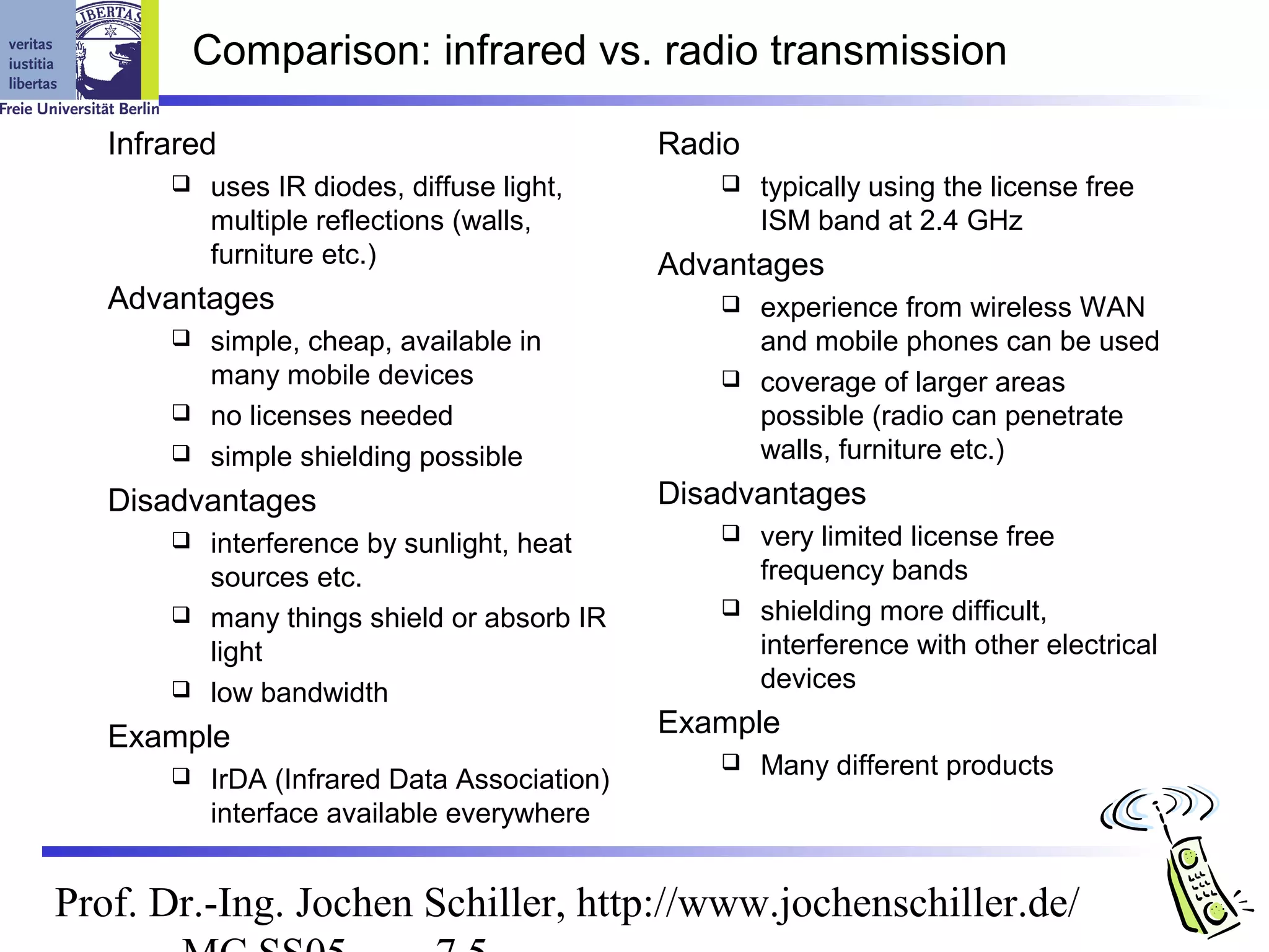 Comparison: infrared vs. radio transmission

   Infrared                                   Radio
          uses IR diodes, diffuse light,            typically using the license free
           multiple reflections (walls,               ISM band at 2.4 GHz
           furniture etc.)                    Advantages
   Advantages                                     experience from wireless WAN
        simple, cheap, available in               and mobile phones can be used
         many mobile devices                      coverage of larger areas
        no licenses needed                        possible (radio can penetrate
        simple shielding possible                 walls, furniture etc.)
   Disadvantages                              Disadvantages
        interference by sunlight, heat           very limited license free
         sources etc.                              frequency bands
        many things shield or absorb IR          shielding more difficult,

         light                                     interference with other electrical
        low bandwidth                             devices

   Example                                    Example
                                                     Many different products
          IrDA (Infrared Data Association)
           interface available everywhere


Prof. Dr.-Ing. Jochen Schiller, http://www.jochenschiller.de/
 