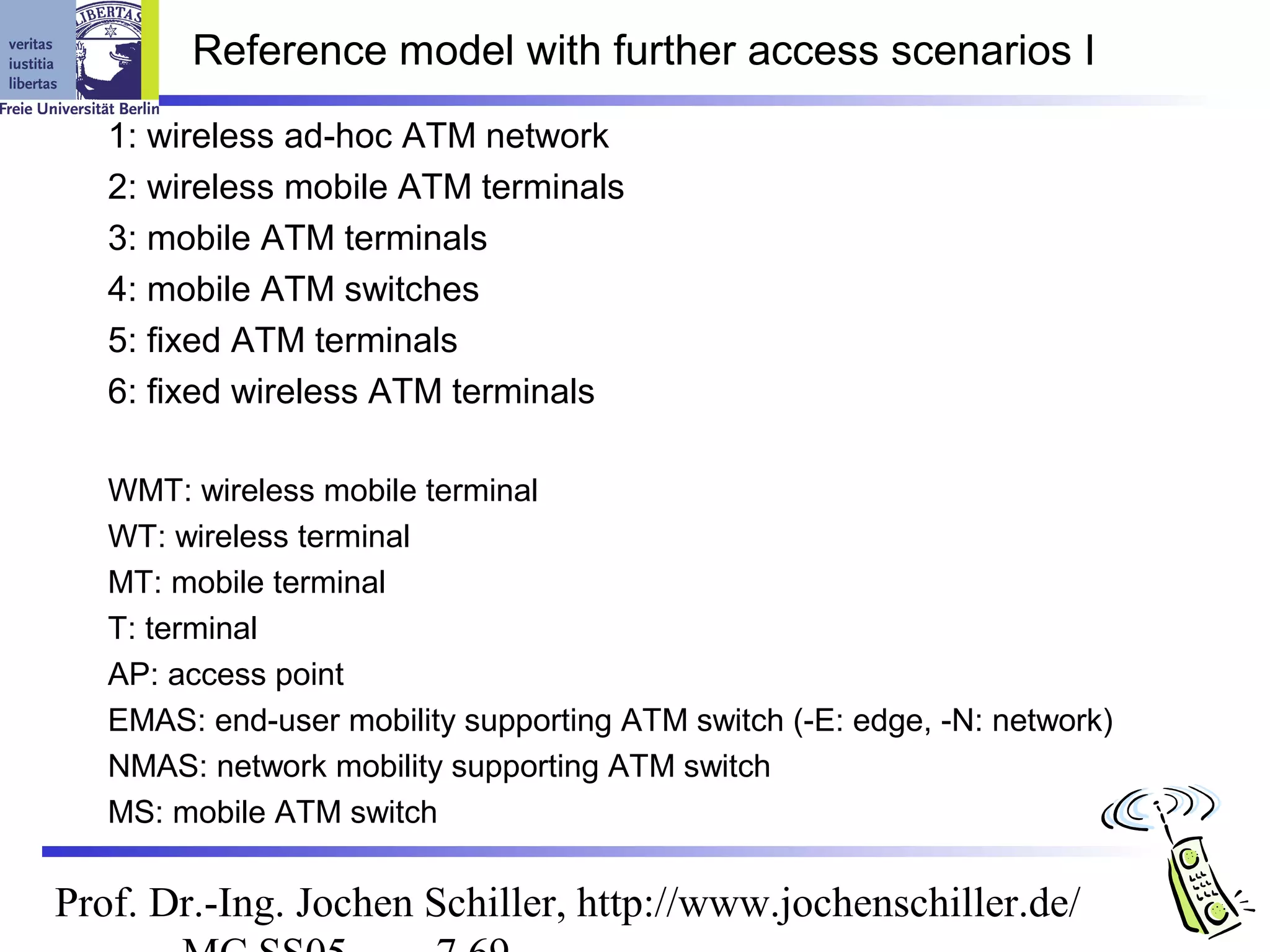 Reference model with further access scenarios I
   1: wireless ad-hoc ATM network
   2: wireless mobile ATM terminals
   3: mobile ATM terminals
   4: mobile ATM switches
   5: fixed ATM terminals
   6: fixed wireless ATM terminals

   WMT: wireless mobile terminal
   WT: wireless terminal
   MT: mobile terminal
   T: terminal
   AP: access point
   EMAS: end-user mobility supporting ATM switch (-E: edge, -N: network)
   NMAS: network mobility supporting ATM switch
   MS: mobile ATM switch

Prof. Dr.-Ing. Jochen Schiller, http://www.jochenschiller.de/
 