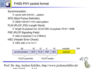 FHSS PHY packet format

   Synchronization
         synch with 010101... pattern
   SFD (Start Frame Delimiter)
         0000110010111101 start pattern
   PLW (PLCP_PDU Length Word)
         length of payload incl. 32 bit CRC of payload, PLW < 4096
   PSF (PLCP Signaling Field)
         data of payload (1 or 2 Mbit/s)
   HEC (Header Error Check)
         CRC with x16+x12+x5+1

               80          16     12        4    16    variable       bits
        synchronization   SFD     PLW     PSF   HEC    payload


             PLCP preamble             PLCP header


Prof. Dr.-Ing. Jochen Schiller, http://www.jochenschiller.de/
 