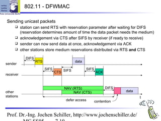 802.11 - DFWMAC

Sending unicast packets
       station can send RTS with reservation parameter after waiting for DIFS
        (reservation determines amount of time the data packet needs the medium)
       acknowledgement via CTS after SIFS by receiver (if ready to receive)
       sender can now send data at once, acknowledgement via ACK
       other stations store medium reservations distributed via RTS and CTS

           DIFS
                  RTS                     data
sender
                        SIFS                     SIFS
                               CTS SIFS                 ACK
receiver


                                   NAV (RTS)                  DIFS
other                                   NAV (CTS)                    data
stations                                                                    t
                                    defer access        contention


Prof. Dr.-Ing. Jochen Schiller, http://www.jochenschiller.de/
 