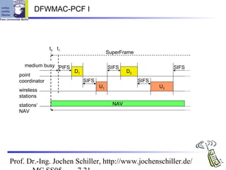 DFWMAC-PCF I




               t0 t1
                                     SuperFrame

     medium busy PIFS                SIFS                     SIFS
                      D1                     D2
   point
   coordinator           SIFS                     SIFS
                                U1                       U2
   wireless
   stations
   stations‘                           NAV
   NAV




Prof. Dr.-Ing. Jochen Schiller, http://www.jochenschiller.de/
 