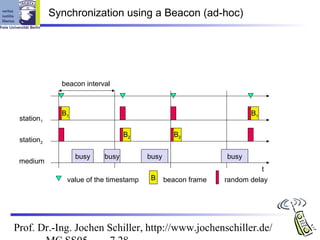 Synchronization using a Beacon (ad-hoc)




              beacon interval



              B1                                                     B1
 station1

                                  B2             B2
 station2

                   busy    busy         busy                  busy
 medium
                                                                        t
               value of the timestamp   B      beacon frame   random delay




Prof. Dr.-Ing. Jochen Schiller, http://www.jochenschiller.de/
 