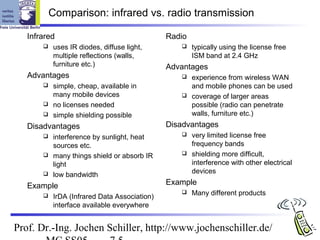 Comparison: infrared vs. radio transmission

   Infrared                                   Radio
          uses IR diodes, diffuse light,            typically using the license free
           multiple reflections (walls,               ISM band at 2.4 GHz
           furniture etc.)                    Advantages
   Advantages                                     experience from wireless WAN
        simple, cheap, available in               and mobile phones can be used
         many mobile devices                      coverage of larger areas
        no licenses needed                        possible (radio can penetrate
        simple shielding possible                 walls, furniture etc.)
   Disadvantages                              Disadvantages
        interference by sunlight, heat           very limited license free
         sources etc.                              frequency bands
        many things shield or absorb IR          shielding more difficult,

         light                                     interference with other electrical
        low bandwidth                             devices

   Example                                    Example
                                                     Many different products
          IrDA (Infrared Data Association)
           interface available everywhere


Prof. Dr.-Ing. Jochen Schiller, http://www.jochenschiller.de/
 
