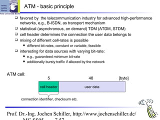 ATM - basic principle

    favored by the telecommunication industry for advanced high-performance
     networks, e.g., B-ISDN, as transport mechanism
    statistical (asynchronous, on demand) TDM (ATDM, STDM)
    cell header determines the connection the user data belongs to
    mixing of different cell-rates is possible
           different bit-rates, constant or variable, feasible
      interesting for data sources with varying bit-rate:
         e.g., guaranteed minimum bit-rate
         additionally bursty traffic if allowed by the network



ATM cell:
                          5                           48          [byte]

                     cell header                   user data


       connection identifier, checksum etc.



Prof. Dr.-Ing. Jochen Schiller, http://www.jochenschiller.de/
 