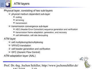 ATM layers

Physical layer, consisting of two sub-layers
       physical medium dependent sub-layer
          coding
          bit timing
          transmission
       transmission convergence sub-layer
          HEC (Header Error Correction) sequence generation and verification
          transmission frame adaptation, generation, and recovery
          cell delineation, cell rate decoupling

ATM layer
     cell multiplexing/demultiplexing
     VPI/VCI translation
     cell header generation and verification
     GFC (Generic Flow Control)

ATM adaptation layer (AAL)


Prof. Dr.-Ing. Jochen Schiller, http://www.jochenschiller.de/
 