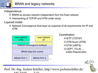 BRAN and legacy networks

Independence
    BRAN as access network independent from the fixed network
    Interworking of TCP/IP and ATM under study

Layered model
      Network Convergence Sub-layer as superset of all requirements for IP and
       ATM

                                                Coordination
         core network          core network           IETF (TCP/IP)
             ATM                    IP
                                                      ATM forum (ATM)
           network convergence sublayer               ETSI (UMTS)
                                                      CEPT, ITU-R, ...
               BRAN data link control                 (radio frequencies)

        BRAN PHY-1        BRAN PHY-2      ...



Prof. Dr.-Ing. Jochen Schiller, http://www.jochenschiller.de/
 