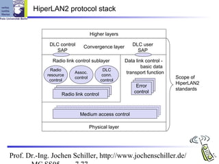 HiperLAN2 protocol stack


                                   Higher layers

              DLC control    Convergence layer         DLC user
                SAP                                      SAP

               Radio link control sublayer          Data link control -
                                                            basic data
               Radio                     DLC
             resource
                         Assoc.
                                         conn.
                                                    transport function
                         control                                          Scope of
              control                   control
                                                                          HiperLAN2
                                                         Error
                                                                          standards
                                                        control
                   Radio link control



                            Medium access control

                                   Physical layer




Prof. Dr.-Ing. Jochen Schiller, http://www.jochenschiller.de/
 