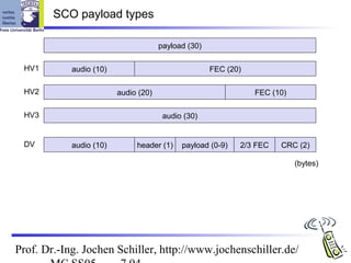 SCO payload types

                                      payload (30)

 HV1        audio (10)                               FEC (20)

 HV2                     audio (20)                             FEC (10)

 HV3                                   audio (30)


 DV         audio (10)        header (1)    payload (0-9)   2/3 FEC   CRC (2)

                                                                           (bytes)




Prof. Dr.-Ing. Jochen Schiller, http://www.jochenschiller.de/
 