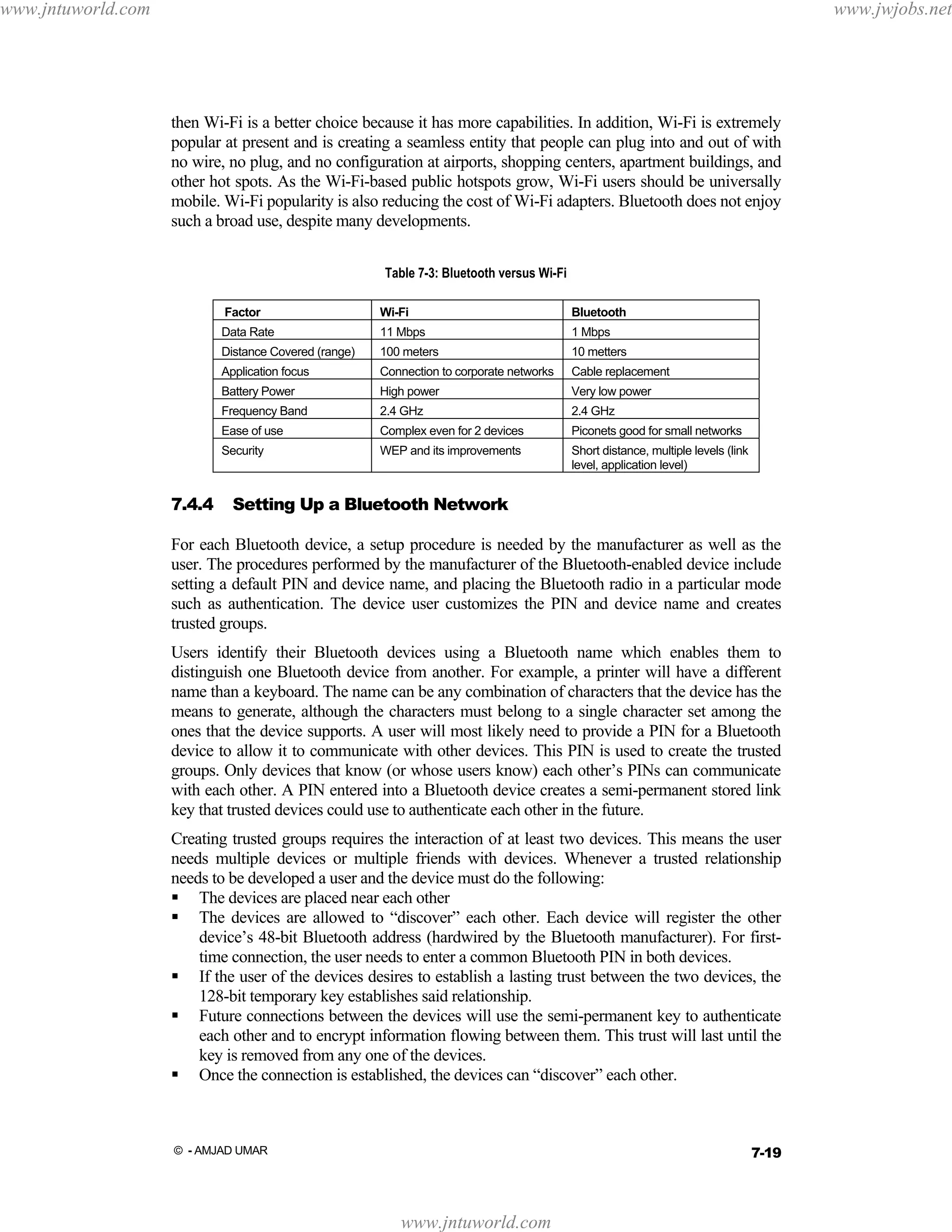www.jntuworld.com

www.jwjobs.net

then Wi-Fi is a better choice because it has more capabilities. In addition, Wi-Fi is extremely
popular at present and is creating a seamless entity that people can plug into and out of with
no wire, no plug, and no configuration at airports, shopping centers, apartment buildings, and
other hot spots. As the Wi-Fi-based public hotspots grow, Wi-Fi users should be universally
mobile. Wi-Fi popularity is also reducing the cost of Wi-Fi adapters. Bluetooth does not enjoy
such a broad use, despite many developments.
Table 7-3: Bluetooth versus Wi-Fi
Factor

Wi-Fi

Bluetooth

Data Rate

11 Mbps

1 Mbps

Distance Covered (range)

100 meters

10 metters

Application focus

Connection to corporate networks

Cable replacement

Battery Power

High power

Very low power

Frequency Band

2.4 GHz

Complex even for 2 devices

Piconets good for small networks

Security

7.4.4

2.4 GHz

Ease of use

WEP and its improvements

Short distance, multiple levels (link
level, application level)

Setting Up a Bluetooth Network

For each Bluetooth device, a setup procedure is needed by the manufacturer as well as the
user. The procedures performed by the manufacturer of the Bluetooth-enabled device include
setting a default PIN and device name, and placing the Bluetooth radio in a particular mode
such as authentication. The device user customizes the PIN and device name and creates
trusted groups.
Users identify their Bluetooth devices using a Bluetooth name which enables them to
distinguish one Bluetooth device from another. For example, a printer will have a different
name than a keyboard. The name can be any combination of characters that the device has the
means to generate, although the characters must belong to a single character set among the
ones that the device supports. A user will most likely need to provide a PIN for a Bluetooth
device to allow it to communicate with other devices. This PIN is used to create the trusted
groups. Only devices that know (or whose users know) each other’s PINs can communicate
with each other. A PIN entered into a Bluetooth device creates a semi-permanent stored link
key that trusted devices could use to authenticate each other in the future.
Creating trusted groups requires the interaction of at least two devices. This means the user
needs multiple devices or multiple friends with devices. Whenever a trusted relationship
needs to be developed a user and the device must do the following:
The devices are placed near each other
The devices are allowed to “discover” each other. Each device will register the other
device’s 48-bit Bluetooth address (hardwired by the Bluetooth manufacturer). For firsttime connection, the user needs to enter a common Bluetooth PIN in both devices.
If the user of the devices desires to establish a lasting trust between the two devices, the
128-bit temporary key establishes said relationship.
Future connections between the devices will use the semi-permanent key to authenticate
each other and to encrypt information flowing between them. This trust will last until the
key is removed from any one of the devices.
Once the connection is established, the devices can “discover” each other.

7-19

© - AMJAD UMAR

www.jntuworld.com

 