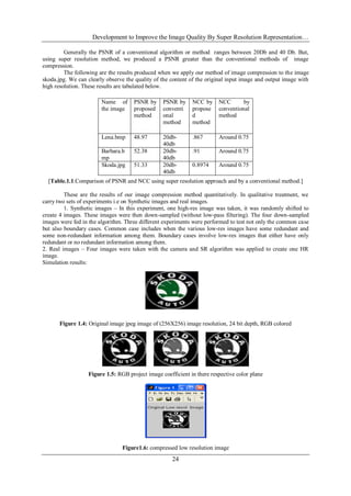Development to Improve the Image Quality By Super Resolution Representation…
24
Generally the PSNR of a conventional algorithm or method ranges between 20Db and 40 Db. But,
using super resolution method, we produced a PSNR greater than the conventional methods of image
compression.
The following are the results produced when we apply our method of image compression to the image
skoda.jpg. We can clearly observe the quality of the content of the original input image and output image with
high resolution. These results are tabulated below.
[Table.1.1.Comparison of PSNR and NCC using super resolution approach and by a conventional method.]
These are the results of our image compression method quantitatively. In qualitative treatment, we
carry two sets of experiments i.e on Synthetic images and real images.
1. Synthetic images – In this experiment, one high-res image was taken, it was randomly shifted to
create 4 images. These images were then down-sampled (without low-pass filtering). The four down-sampled
images were fed in the algorithm. Three different experiments were performed to test not only the common case
but also boundary cases. Common case includes when the various low-res images have some redundant and
some non-redundant information among them. Boundary cases involve low-res images that either have only
redundant or no redundant information among them.
2. Real images – Four images were taken with the camera and SR algorithm was applied to create one HR
image.
Simulation results:
Figure 1.4: Original image jpeg image of (256X256) image resolution, 24 bit depth, RGB colored
Figure 1.5: RGB project image coefficient in there respective color plane
Figure1.6: compressed low resolution image
Name of
the image
PSNR by
proposed
method
PSNR by
conventi
onal
method
NCC by
propose
d
method
NCC by
conventional
method
Lena.bmp 48.97 20db-
40db
.867 Around 0.75
Barbara.b
mp
52.38 20db-
40db
.91 Around 0.75
Skoda.jpg 51.33 20db-
40db
0.8974 Around 0.75
 