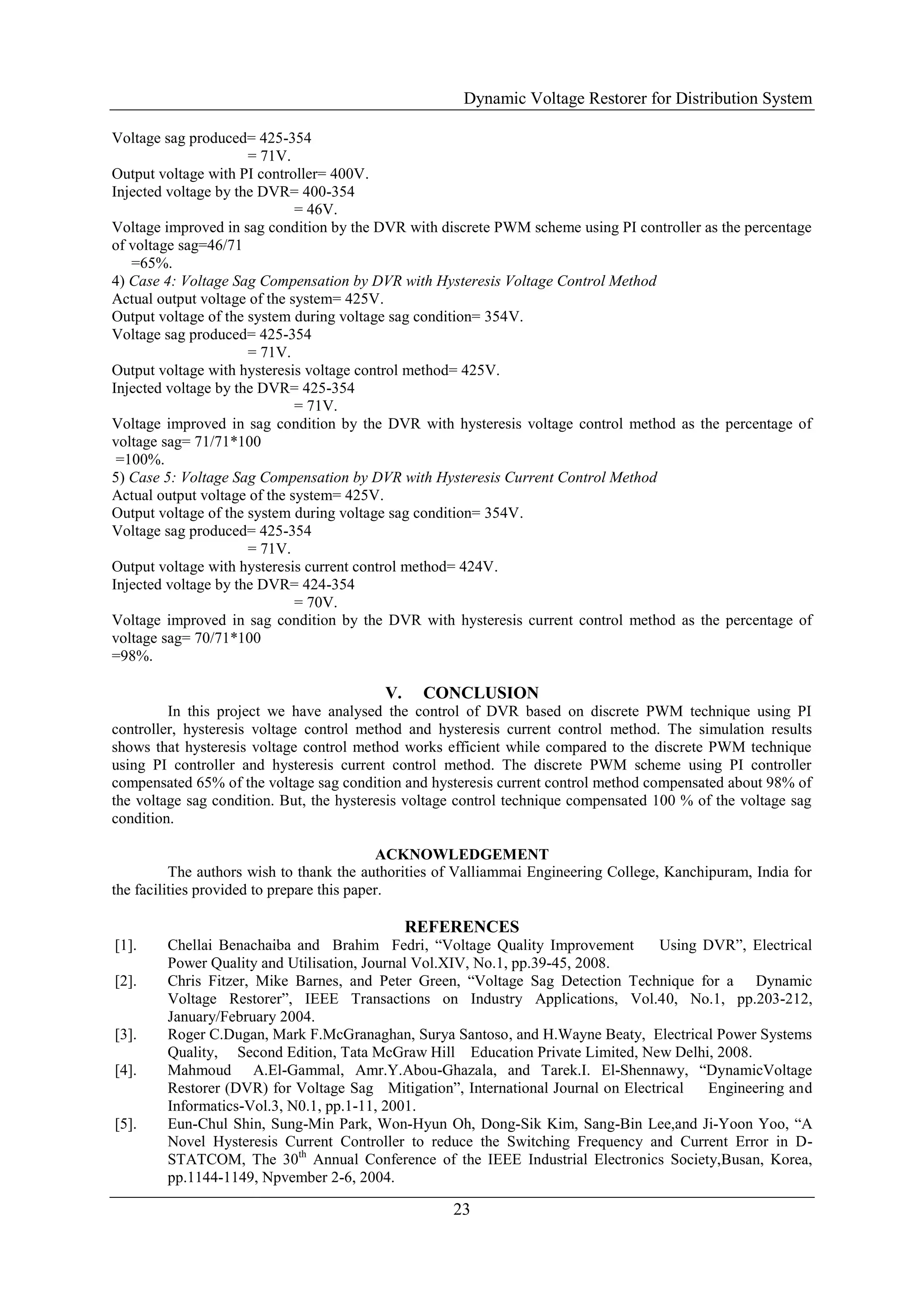 Dynamic Voltage Restorer for Distribution System
23
Voltage sag produced= 425-354
= 71V.
Output voltage with PI controller= 400V.
Injected voltage by the DVR= 400-354
= 46V.
Voltage improved in sag condition by the DVR with discrete PWM scheme using PI controller as the percentage
of voltage sag=46/71
=65%.
4) Case 4: Voltage Sag Compensation by DVR with Hysteresis Voltage Control Method
Actual output voltage of the system= 425V.
Output voltage of the system during voltage sag condition= 354V.
Voltage sag produced= 425-354
= 71V.
Output voltage with hysteresis voltage control method= 425V.
Injected voltage by the DVR= 425-354
= 71V.
Voltage improved in sag condition by the DVR with hysteresis voltage control method as the percentage of
voltage sag= 71/71*100
=100%.
5) Case 5: Voltage Sag Compensation by DVR with Hysteresis Current Control Method
Actual output voltage of the system= 425V.
Output voltage of the system during voltage sag condition= 354V.
Voltage sag produced= 425-354
= 71V.
Output voltage with hysteresis current control method= 424V.
Injected voltage by the DVR= 424-354
= 70V.
Voltage improved in sag condition by the DVR with hysteresis current control method as the percentage of
voltage sag= 70/71*100
=98%.
V. CONCLUSION
In this project we have analysed the control of DVR based on discrete PWM technique using PI
controller, hysteresis voltage control method and hysteresis current control method. The simulation results
shows that hysteresis voltage control method works efficient while compared to the discrete PWM technique
using PI controller and hysteresis current control method. The discrete PWM scheme using PI controller
compensated 65% of the voltage sag condition and hysteresis current control method compensated about 98% of
the voltage sag condition. But, the hysteresis voltage control technique compensated 100 % of the voltage sag
condition.
ACKNOWLEDGEMENT
The authors wish to thank the authorities of Valliammai Engineering College, Kanchipuram, India for
the facilities provided to prepare this paper.
REFERENCES
[1]. Chellai Benachaiba and Brahim Fedri, “Voltage Quality Improvement Using DVR”, Electrical
Power Quality and Utilisation, Journal Vol.XIV, No.1, pp.39-45, 2008.
[2]. Chris Fitzer, Mike Barnes, and Peter Green, “Voltage Sag Detection Technique for a Dynamic
Voltage Restorer”, IEEE Transactions on Industry Applications, Vol.40, No.1, pp.203-212,
January/February 2004.
[3]. Roger C.Dugan, Mark F.McGranaghan, Surya Santoso, and H.Wayne Beaty, Electrical Power Systems
Quality, Second Edition, Tata McGraw Hill Education Private Limited, New Delhi, 2008.
[4]. Mahmoud A.El-Gammal, Amr.Y.Abou-Ghazala, and Tarek.I. El-Shennawy, “DynamicVoltage
Restorer (DVR) for Voltage Sag Mitigation”, International Journal on Electrical Engineering and
Informatics-Vol.3, N0.1, pp.1-11, 2001.
[5]. Eun-Chul Shin, Sung-Min Park, Won-Hyun Oh, Dong-Sik Kim, Sang-Bin Lee,and Ji-Yoon Yoo, “A
Novel Hysteresis Current Controller to reduce the Switching Frequency and Current Error in D-
STATCOM, The 30th
Annual Conference of the IEEE Industrial Electronics Society,Busan, Korea,
pp.1144-1149, Npvember 2-6, 2004.
 