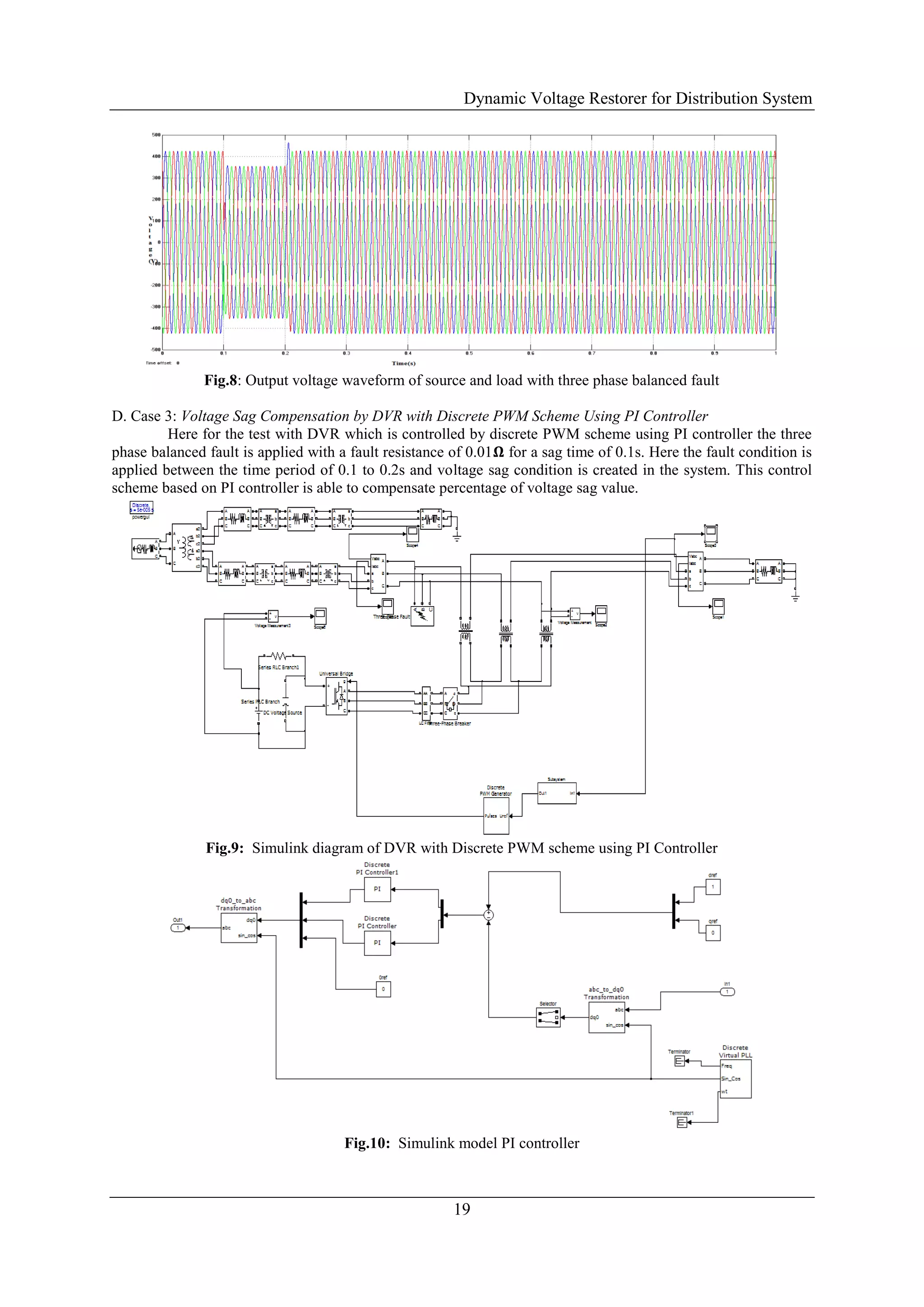 Dynamic Voltage Restorer for Distribution System
19
Fig.8: Output voltage waveform of source and load with three phase balanced fault
D. Case 3: Voltage Sag Compensation by DVR with Discrete PWM Scheme Using PI Controller
Here for the test with DVR which is controlled by discrete PWM scheme using PI controller the three
phase balanced fault is applied with a fault resistance of 0.01𝛀 for a sag time of 0.1s. Here the fault condition is
applied between the time period of 0.1 to 0.2s and voltage sag condition is created in the system. This control
scheme based on PI controller is able to compensate percentage of voltage sag value.
Fig.9: Simulink diagram of DVR with Discrete PWM scheme using PI Controller
Fig.10: Simulink model PI controller
 