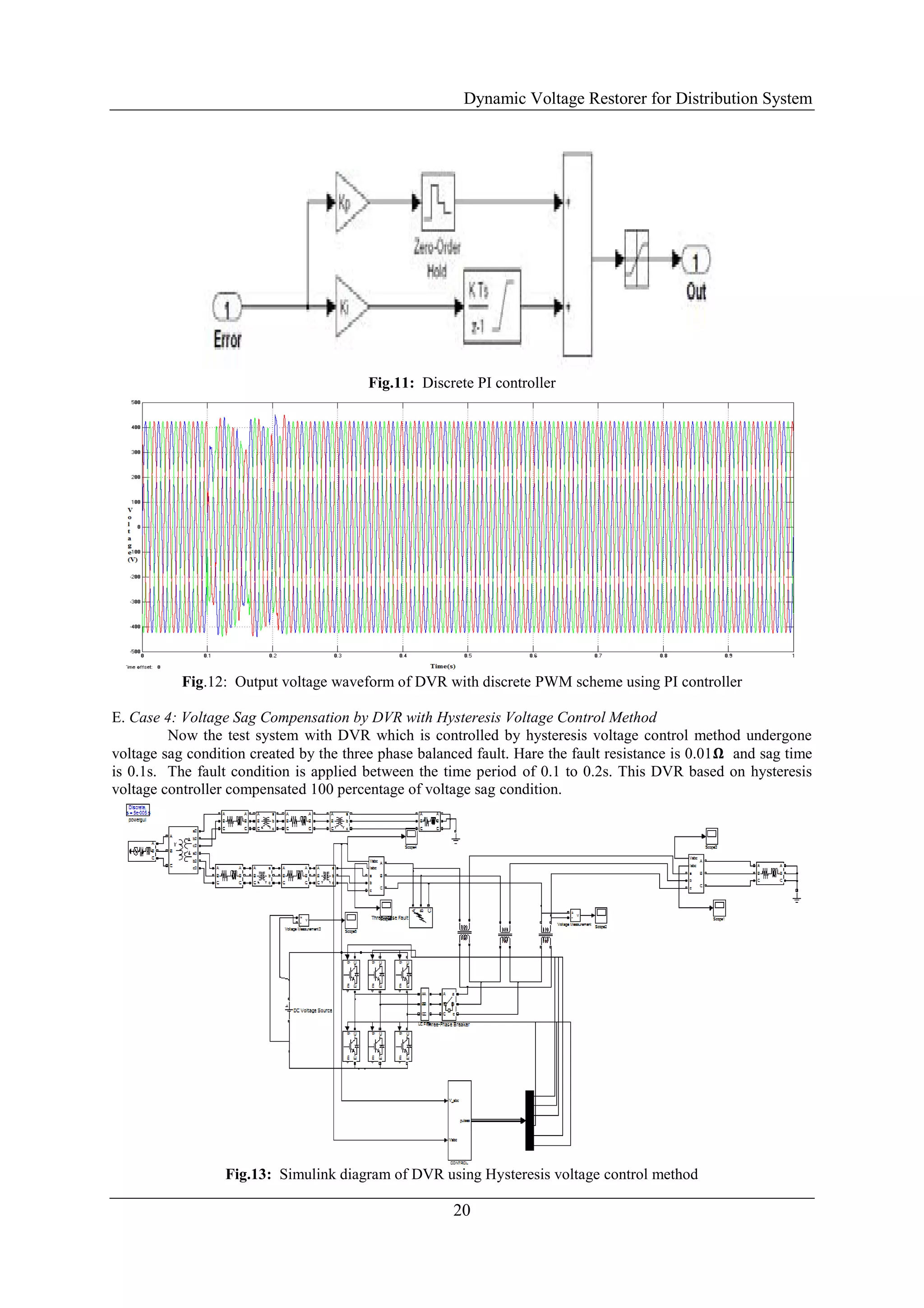 Dynamic Voltage Restorer for Distribution System
20
Fig.11: Discrete PI controller
Fig.12: Output voltage waveform of DVR with discrete PWM scheme using PI controller
E. Case 4: Voltage Sag Compensation by DVR with Hysteresis Voltage Control Method
Now the test system with DVR which is controlled by hysteresis voltage control method undergone
voltage sag condition created by the three phase balanced fault. Hare the fault resistance is 0.01𝛀 and sag time
is 0.1s. The fault condition is applied between the time period of 0.1 to 0.2s. This DVR based on hysteresis
voltage controller compensated 100 percentage of voltage sag condition.
Fig.13: Simulink diagram of DVR using Hysteresis voltage control method
 