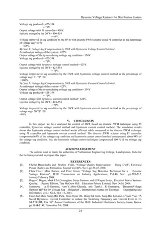 Dynamic Voltage Restorer for Distribution System
23
Voltage sag produced= 425-354
= 71V.
Output voltage with PI controller= 400V.
Injected voltage by the DVR= 400-354
= 46V.
Voltage improved in sag condition by the DVR with discrete PWM scheme using PI controller as the percentage
of voltage sag=46/71
=65%.
4) Case 4: Voltage Sag Compensation by DVR with Hysteresis Voltage Control Method
Actual output voltage of the system= 425V.
Output voltage of the system during voltage sag condition= 354V.
Voltage sag produced= 425-354
= 71V.
Output voltage with hysteresis voltage control method= 425V.
Injected voltage by the DVR= 425-354
= 71V.
Voltage improved in sag condition by the DVR with hysteresis voltage control method as the percentage of
voltage sag= 71/71*100
=100%.
5) Case 5: Voltage Sag Compensation by DVR with Hysteresis Current Control Method
Actual output voltage of the system= 425V.
Output voltage of the system during voltage sag condition= 354V.
Voltage sag produced= 425-354
= 71V.
Output voltage with hysteresis current control method= 424V.
Injected voltage by the DVR= 424-354
= 70V.
Voltage improved in sag condition by the DVR with hysteresis current control method as the percentage of
voltage sag= 70/71*100
=98%.
V. CONCLUSION
In this project we have analysed the control of DVR based on discrete PWM technique using PI
controller, hysteresis voltage control method and hysteresis current control method. The simulation results
shows that hysteresis voltage control method works efficient while compared to the discrete PWM technique
using PI controller and hysteresis current control method. The discrete PWM scheme using PI controller
compensated 65% of the voltage sag condition and hysteresis current control method compensated about 98% of
the voltage sag condition. But, the hysteresis voltage control technique compensated 100 % of the voltage sag
condition.
ACKNOWLEDGEMENT
The authors wish to thank the authorities of Valliammai Engineering College, Kanchipuram, India for
the facilities provided to prepare this paper.
REFERENCES
[1]. Chellai Benachaiba and Brahim Fedri, “Voltage Quality Improvement Using DVR”, Electrical
Power Quality and Utilisation, Journal Vol.XIV, No.1, pp.39-45, 2008.
[2]. Chris Fitzer, Mike Barnes, and Peter Green, “Voltage Sag Detection Technique for a Dynamic
Voltage Restorer”, IEEE Transactions on Industry Applications, Vol.40, No.1, pp.203-212,
January/February 2004.
[3]. Roger C.Dugan, Mark F.McGranaghan, Surya Santoso, and H.Wayne Beaty, Electrical Power Systems
Quality, Second Edition, Tata McGraw Hill Education Private Limited, New Delhi, 2008.
[4]. Mahmoud A.El-Gammal, Amr.Y.Abou-Ghazala, and Tarek.I. El-Shennawy, “DynamicVoltage
Restorer (DVR) for Voltage Sag Mitigation”, International Journal on Electrical Engineering and
Informatics-Vol.3, N0.1, pp.1-11, 2001.
[5]. Eun-Chul Shin, Sung-Min Park, Won-Hyun Oh, Dong-Sik Kim, Sang-Bin Lee,and Ji-Yoon Yoo, “A
Novel Hysteresis Current Controller to reduce the Switching Frequency and Current Error in D-
STATCOM, The 30th
Annual Conference of the IEEE Industrial Electronics Society,Busan, Korea,
pp.1144-1149, Npvember 2-6, 2004.
 