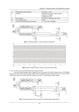 Dynamic Voltage Restorer for Distribution System
18
5. Distribution load parameters R=14Ω, L=1mH
6. Inverter IGBT based, 3 arms, 6 pulse, Carrier
frequency=1080Hz,
Sample time=5𝜇s
7. PI controller KP=0.5,Ki=50,Sample time=50𝜇s
8. DC Voltage source 250V
9. Injection/Linear/Isolation transformer 1:1 turns ratio, 440/440V
Fig.5: Simulink diagram of source and load without fault
Fig.6: Output voltage waveform of source and load without fault.
C. Case 2: Source and Load with Three Phase Balanced Fault
Here three phase balanced fault is applied to the test system with a fault resistance value of 0.01𝛀 and
sag interval of 0.1s. Here the three phase balance fault is applied between the time period of 0.1 to 0.2s and the
voltage sag condition is created. Here the voltage sag value is 17 percentage of output voltage.
Fig.7: Simulink diagram of source and load with three phase balanced fault
 