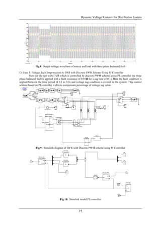 Dynamic Voltage Restorer for Distribution System
19
Fig.8: Output voltage waveform of source and load with three phase balanced fault
D. Case 3: Voltage Sag Compensation by DVR with Discrete PWM Scheme Using PI Controller
Here for the test with DVR which is controlled by discrete PWM scheme using PI controller the three
phase balanced fault is applied with a fault resistance of 0.01𝛀 for a sag time of 0.1s. Here the fault condition is
applied between the time period of 0.1 to 0.2s and voltage sag condition is created in the system. This control
scheme based on PI controller is able to compensate percentage of voltage sag value.
Fig.9: Simulink diagram of DVR with Discrete PWM scheme using PI Controller
Fig.10: Simulink model PI controller
 