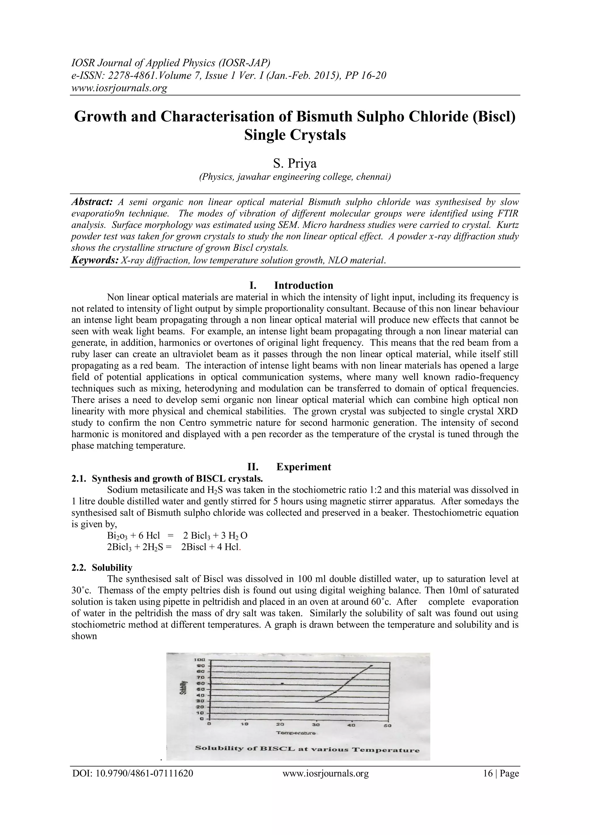 Growth and Characterisation of Bismuth Sulpho Chloride (Biscl) Single ...