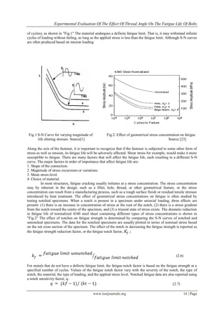 Experimental Evaluation Of The Effect Of Thread Angle On The Fatigue Life Of Bolts
www.iosrjournals.org 14 | Page
of cycles), as shown in "Fig.1" The material undergoes a definite fatigue limit. That is, it may withstand infinite
cycles of loading without failing, as long as the applied stress is less than the fatigue limit. Although S-N curves
are often produced based on tension loading
Fig.1:S-N Curve for varying magnitude of Fig.2: Effect of geometrical stress concentration on fatigue
life altering stresses. Source[1] Source [23]
Along the axis of the fastener, it is important to recognize that if the fastener is subjected to some other form of
stress as well as tension, its fatigue life will be adversely affected. Shear stress for example, would make it more
susceptible to fatigue. There are many factors that will affect the fatigue life, each resulting in a different S-N
curve. The major factors in order of importance that affect fatigue life are:
1. Shape of the connection.
2. Magnitude of stress excursions or variations.
3. Mean stress level.
4. Choice of material.
In most structures, fatigue cracking usually initiates at a stress concentration. The stress concentration
may by inherent in the design, such as a fillet, hole, thread, or other geometrical feature, or the stress
concentration can result from a manufacturing process, such as a rough surface finish or residual tensile stresses
introduced by heat treatment. The effect of geometrical stress concentrations on fatigue is often studied by
testing notched specimens. When a notch is present in a specimen under uniaxial loading, three effects are
present: (1) there is an increase in concentration of stress at the root of the notch, (2) there is a stress gradient
from the notch toward the centre of the specimen, and (3) a triaxial state of stress exists. The dramatic reduction
in fatigue life of normalized 4340 steel sheet containing different types of stress concentrations is shown in
"Fig.2" The effect of notches on fatigue strength is determined by comparing the S-N curves of notched and
unnotched specimens. The data for the notched specimens are usually plotted in terms of nominal stress based
on the net cross section of the specimen. The effect of the notch in decreasing the fatigue strength is reported as
the fatigue strength reduction factor, or the fatigue notch factor,
(2.6)
For metals that do not have a definite fatigue limit, the fatigue notch factor is based on the fatigue strength at a
specified number of cycles. Values of the fatigue notch factor vary with the severity of the notch, the type of
notch, the material, the type of loading, and the applied stress level. Notched fatigue data are also reported using
a notch sensitivity factor, q:
(2.7)
 