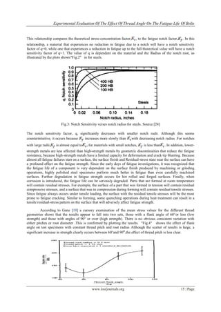 Experimental Evaluation Of The Effect Of Thread Angle On The Fatigue Life Of Bolts
www.iosrjournals.org 15 | Page
This relationship compares the theoretical stress-concentration factor, , to the fatigue notch factor, . In this
relationship, a material that experiences no reduction in fatigue due to a notch will have a notch sensitivity
factor of q=0, while one that experiences a reduction in fatigue up to the full theoretical value will have a notch
sensitivity factor of q=1. The value of q is dependent on the material and the Radius of the notch root, as
illustrated by the plots shown"Fig.2" in for steels.
Fig.3: Notch Sensitivity verses notch radius for steels. Source [24]
The notch sensitivity factor, q, significantly decreases with smaller notch radii. Although this seems
counterintuitive, it occurs because increases more slowly than with decreasing notch radius .For notches
with large radii, is almost equal to for materials with small notches, is less than . In addition, lower-
strength metals are less affected than high-strength metals by geometric discontinuities that reduce the fatigue
resistance, because high-strength metals have a limited capacity for deformation and crack tip blunting. Because
almost all fatigue failures start on a surface, the surface finish and Residual-stress state near the surface can have
a profound effect on the fatigue strength. Since the early days of fatigue investigations, it was recognized that
the fatigue life of a component is very dependent on the surface finish produced by machining or grinding
operations, highly polished steel specimens perform much better in fatigue than even carefully machined
surfaces. Further degradation in fatigue strength occurs for hot rolled and forged surfaces. Finally, when
corrosion is introduced, the fatigue life can be seriously degraded. Parts that are formed at room temperature
will contain residual stresses. For example, the surface of a part that was formed in tension will contain residual
compressive stresses, and a surface that was in compression during forming will contain residual tensile stresses.
Since fatigue always occurs under tensile loading, the surface with the residual tensile stresses will be the most
prone to fatigue cracking. Similar to forming, some quenching operations during heat treatment can result in a
tensile residual-stress pattern on the surface that will adversely affect fatigue strength.
According to Gane [19] a cursory examination of the mean stress values for the different thread
geometries shows that the results appear to fall into two sets, those with a flank angle of 60°or less (low
strength) and those with angles of 90° or over (high strength). There is no obvious consistent variation with
either pitches or root diameter .This is confirmed by plotting the results. "Fig.4" shows the effect of flank
angle on test specimens with constant thread pitch and root radius Although the scatter of results is large, a
significant increase in strength clearly occurs between 60°and 90 ,the effect of thread pitch is less clear.
 