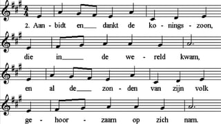 A a n b i d t e n d a n k t d e K o n i n g s z o o n ,
d i e i n d e w e r e l d k w a m ,
e n a l d e z o n d e n v a n z i j n v o l k
g e h o o r z a a m o p z i c h n a m .
N u n o d i g t H i j z i j n b r o e d e r s u i t
o p ' t g r o t e k o n i n g s f e e s t
E n w a a r H i j l e e f t a a n V a d e r s h a n d ,
d a a r h e e r s t e e n g o e d e G e e s t .
 