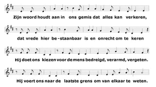 Zijn woord houdt aan in ons gemis
dat alles kan verkeren,
dat vrede hier bestaanbaar is
en onrecht om te keren
Hij doet ons kiezen voor de mens
bedreigd, verarmd, vergeten.
Hij voert ons naar de laatste grens
om van elkaar te weten.
 