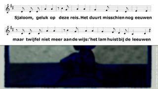 Sjaloom, geluk op deze reis.
Het duurt misschien nog eeuwen
maar twijfel niet meer aan de wijs:
'het lam huist bij de leeuwen !'
(vanOpbergenJan/JanWillemvandeVelde)
 