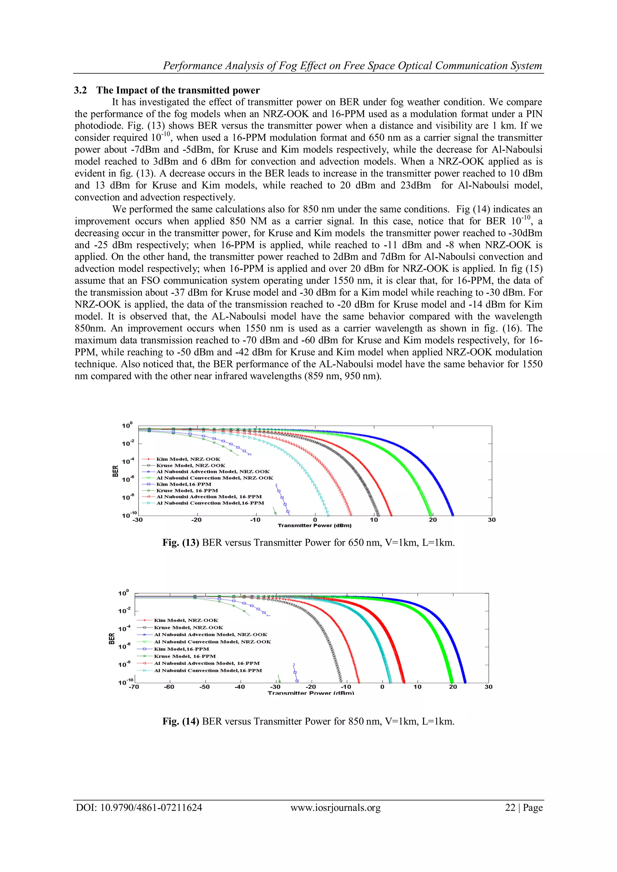 Performance Analysis of Fog Effect on Free Space Optical Communication System
DOI: 10.9790/4861-07211624 www.iosrjournals.org 22 | Page
3.2 The Impact of the transmitted power
It has investigated the effect of transmitter power on BER under fog weather condition. We compare
the performance of the fog models when an NRZ-OOK and 16-PPM used as a modulation format under a PIN
photodiode. Fig. (13) shows BER versus the transmitter power when a distance and visibility are 1 km. If we
consider required 10-10
, when used a 16-PPM modulation format and 650 nm as a carrier signal the transmitter
power about -7dBm and -5dBm, for Kruse and Kim models respectively, while the decrease for Al-Naboulsi
model reached to 3dBm and 6 dBm for convection and advection models. When a NRZ-OOK applied as is
evident in fig. (13). A decrease occurs in the BER leads to increase in the transmitter power reached to 10 dBm
and 13 dBm for Kruse and Kim models, while reached to 20 dBm and 23dBm for Al-Naboulsi model,
convection and advection respectively.
We performed the same calculations also for 850 nm under the same conditions. Fig (14) indicates an
improvement occurs when applied 850 NM as a carrier signal. In this case, notice that for BER 10-10
, a
decreasing occur in the transmitter power, for Kruse and Kim models the transmitter power reached to -30dBm
and -25 dBm respectively; when 16-PPM is applied, while reached to -11 dBm and -8 when NRZ-OOK is
applied. On the other hand, the transmitter power reached to 2dBm and 7dBm for Al-Naboulsi convection and
advection model respectively; when 16-PPM is applied and over 20 dBm for NRZ-OOK is applied. In fig (15)
assume that an FSO communication system operating under 1550 nm, it is clear that, for 16-PPM, the data of
the transmission about -37 dBm for Kruse model and -30 dBm for a Kim model while reaching to -30 dBm. For
NRZ-OOK is applied, the data of the transmission reached to -20 dBm for Kruse model and -14 dBm for Kim
model. It is observed that, the AL-Naboulsi model have the same behavior compared with the wavelength
850nm. An improvement occurs when 1550 nm is used as a carrier wavelength as shown in fig. (16). The
maximum data transmission reached to -70 dBm and -60 dBm for Kruse and Kim models respectively, for 16-
PPM, while reaching to -50 dBm and -42 dBm for Kruse and Kim model when applied NRZ-OOK modulation
technique. Also noticed that, the BER performance of the AL-Naboulsi model have the same behavior for 1550
nm compared with the other near infrared wavelengths (859 nm, 950 nm).
Fig. (13) BER versus Transmitter Power for 650 nm, V=1km, L=1km.
Fig. (14) BER versus Transmitter Power for 850 nm, V=1km, L=1km.
 