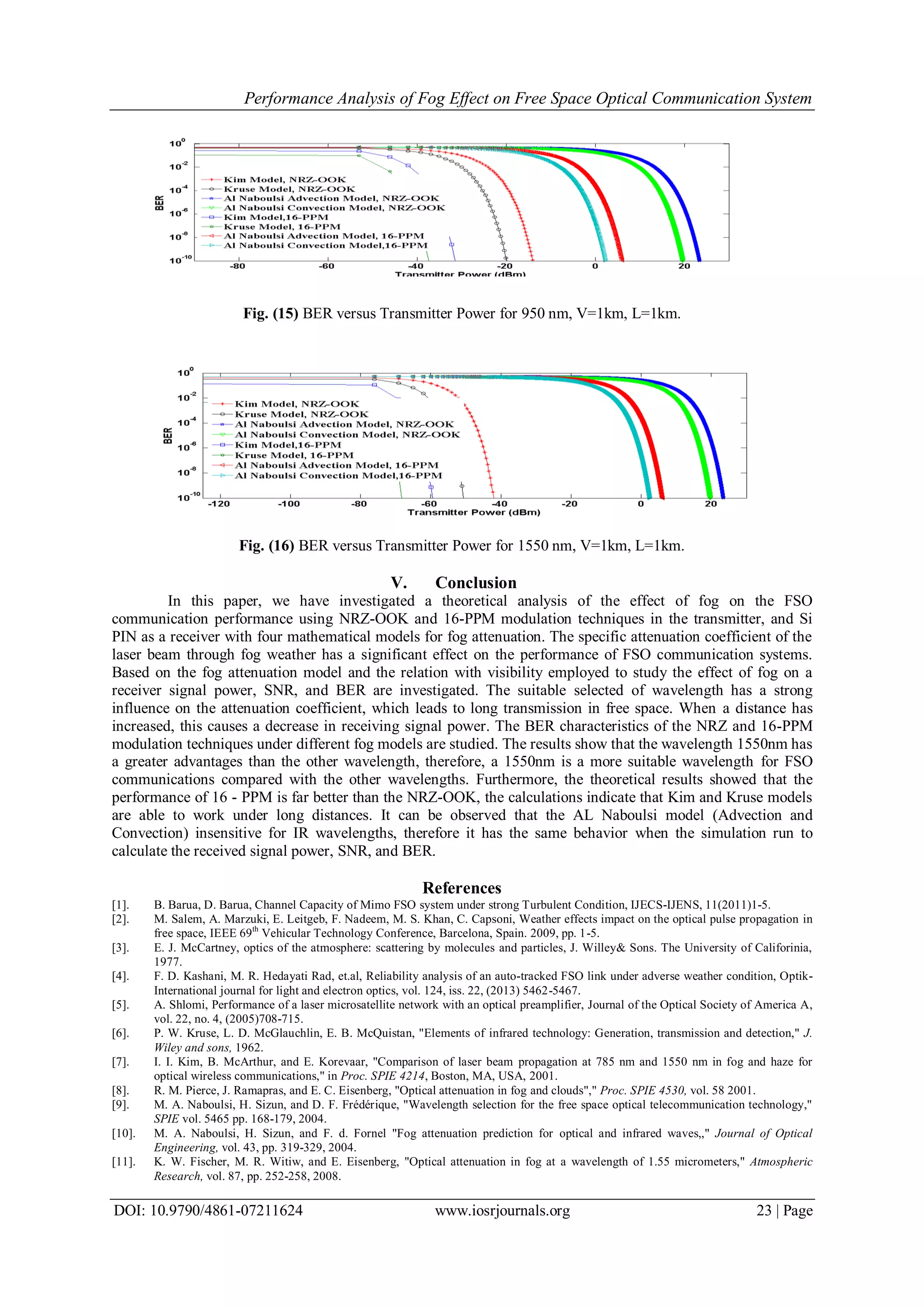 Performance Analysis of Fog Effect on Free Space Optical Communication System
DOI: 10.9790/4861-07211624 www.iosrjournals.org 23 | Page
Fig. (15) BER versus Transmitter Power for 950 nm, V=1km, L=1km.
Fig. (16) BER versus Transmitter Power for 1550 nm, V=1km, L=1km.
V. Conclusion
In this paper, we have investigated a theoretical analysis of the effect of fog on the FSO
communication performance using NRZ-OOK and 16-PPM modulation techniques in the transmitter, and Si
PIN as a receiver with four mathematical models for fog attenuation. The specific attenuation coefficient of the
laser beam through fog weather has a significant effect on the performance of FSO communication systems.
Based on the fog attenuation model and the relation with visibility employed to study the effect of fog on a
receiver signal power, SNR, and BER are investigated. The suitable selected of wavelength has a strong
influence on the attenuation coefficient, which leads to long transmission in free space. When a distance has
increased, this causes a decrease in receiving signal power. The BER characteristics of the NRZ and 16-PPM
modulation techniques under different fog models are studied. The results show that the wavelength 1550nm has
a greater advantages than the other wavelength, therefore, a 1550nm is a more suitable wavelength for FSO
communications compared with the other wavelengths. Furthermore, the theoretical results showed that the
performance of 16 - PPM is far better than the NRZ-OOK, the calculations indicate that Kim and Kruse models
are able to work under long distances. It can be observed that the AL Naboulsi model (Advection and
Convection) insensitive for IR wavelengths, therefore it has the same behavior when the simulation run to
calculate the received signal power, SNR, and BER.
References
[1]. B. Barua, D. Barua, Channel Capacity of Mimo FSO system under strong Turbulent Condition, IJECS-IJENS, 11(2011)1-5.
[2]. M. Salem, A. Marzuki, E. Leitgeb, F. Nadeem, M. S. Khan, C. Capsoni, Weather effects impact on the optical pulse propagation in
free space, IEEE 69th
Vehicular Technology Conference, Barcelona, Spain. 2009, pp. 1-5.
[3]. E. J. McCartney, optics of the atmosphere: scattering by molecules and particles, J. Willey& Sons. The University of Califorinia,
1977.
[4]. F. D. Kashani, M. R. Hedayati Rad, et.al, Reliability analysis of an auto-tracked FSO link under adverse weather condition, Optik-
International journal for light and electron optics, vol. 124, iss. 22, (2013) 5462-5467.
[5]. A. Shlomi, Performance of a laser microsatellite network with an optical preamplifier, Journal of the Optical Society of America A,
vol. 22, no. 4, (2005)708-715.
[6]. P. W. Kruse, L. D. McGlauchlin, E. B. McQuistan, "Elements of infrared technology: Generation, transmission and detection," J.
Wiley and sons, 1962.
[7]. I. I. Kim, B. McArthur, and E. Korevaar, "Comparison of laser beam propagation at 785 nm and 1550 nm in fog and haze for
optical wireless communications," in Proc. SPIE 4214, Boston, MA, USA, 2001.
[8]. R. M. Pierce, J. Ramapras, and E. C. Eisenberg, "Optical attenuation in fog and clouds"," Proc. SPIE 4530, vol. 58 2001.
[9]. M. A. Naboulsi, H. Sizun, and D. F. Frédérique, "Wavelength selection for the free space optical telecommunication technology,"
SPIE vol. 5465 pp. 168-179, 2004.
[10]. M. A. Naboulsi, H. Sizun, and F. d. Fornel "Fog attenuation prediction for optical and infrared waves,," Journal of Optical
Engineering, vol. 43, pp. 319-329, 2004.
[11]. K. W. Fischer, M. R. Witiw, and E. Eisenberg, "Optical attenuation in fog at a wavelength of 1.55 micrometers," Atmospheric
Research, vol. 87, pp. 252-258, 2008.
 