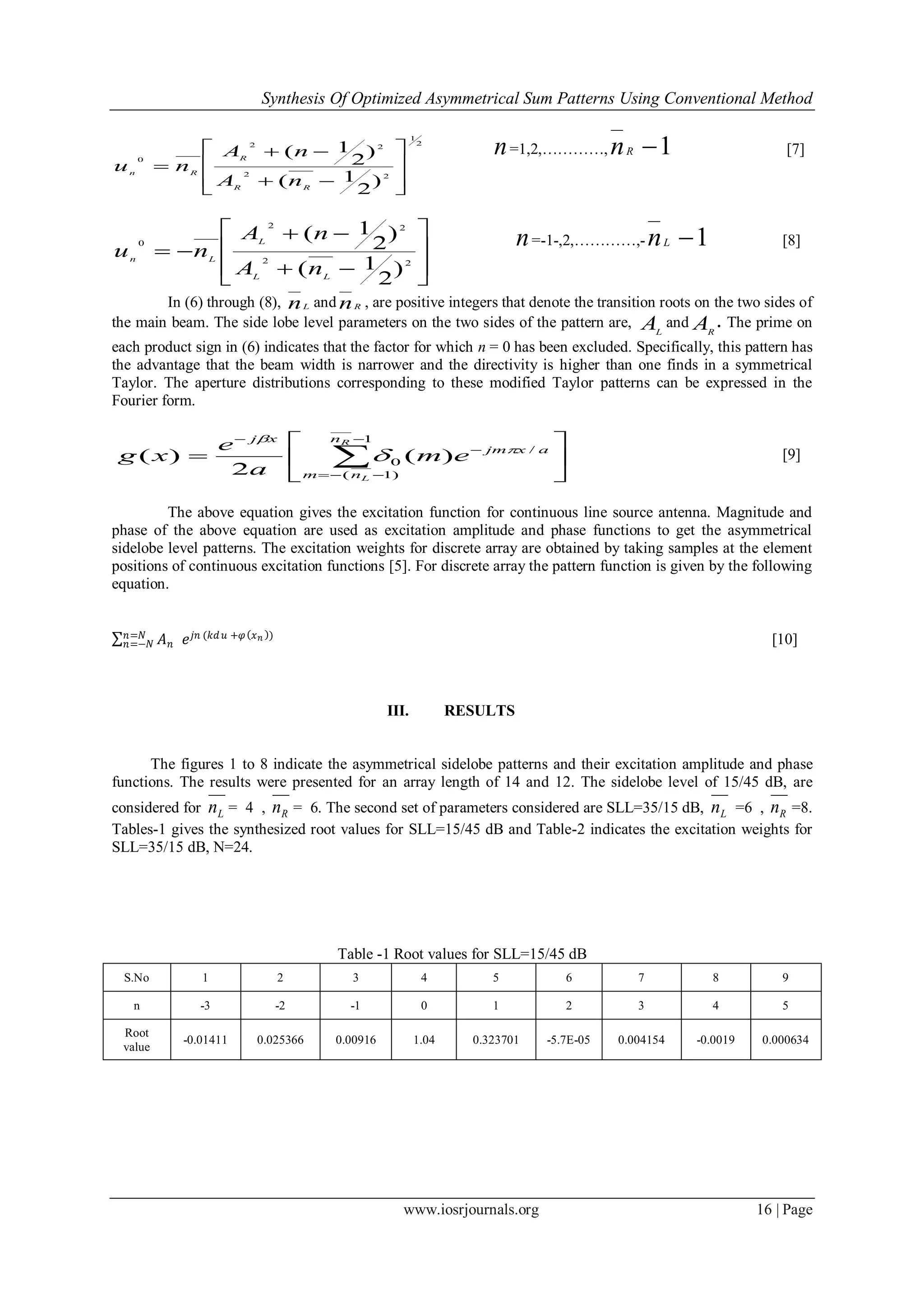 Synthesis Of Optimized Asymmetrical Sum Patterns Using Conventional Method
www.iosrjournals.org 16 | Page
2
1
22
22
0
)
2
1(
)
2
1(











RR
R
Rn
nA
nA
nu
n=1,2,…………, 1Rn [7]










 22
22
0
)
2
1(
)
2
1(
LL
L
Ln
nA
nA
nu
n=-1-,2,…………,- 1Ln [8]
In (6) through (8), Ln and Rn , are positive integers that denote the transition roots on the two sides of
the main beam. The side lobe level parameters on the two sides of the pattern are, L
A and R
A . The prime on
each product sign in (6) indicates that the factor for which n = 0 has been excluded. Specifically, this pattern has
the advantage that the beam width is narrower and the directivity is higher than one finds in a symmetrical
Taylor. The aperture distributions corresponding to these modified Taylor patterns can be expressed in the
Fourier form.






 



 1
)1(
/
0 )(
2
)(
R
L
n
nm
axjm
xj
em
a
e
xg 

 [9]
The above equation gives the excitation function for continuous line source antenna. Magnitude and
phase of the above equation are used as excitation amplitude and phase functions to get the asymmetrical
sidelobe level patterns. The excitation weights for discrete array are obtained by taking samples at the element
positions of continuous excitation functions [5]. For discrete array the pattern function is given by the following
equation.
𝐴 𝑛 𝑒 𝑗𝑛 (𝑘𝑑 𝑢 +𝜑 𝑥 𝑛 )𝑛=𝑁
𝑛=−𝑁 [10]
III. RESULTS
The figures 1 to 8 indicate the asymmetrical sidelobe patterns and their excitation amplitude and phase
functions. The results were presented for an array length of 14 and 12. The sidelobe level of 15/45 dB, are
considered for Ln = 4 , Rn = 6. The second set of parameters considered are SLL=35/15 dB, Ln =6 , Rn =8.
Tables-1 gives the synthesized root values for SLL=15/45 dB and Table-2 indicates the excitation weights for
SLL=35/15 dB, N=24.
Table -1 Root values for SLL=15/45 dB
S.No 1 2 3 4 5 6 7 8 9
n -3 -2 -1 0 1 2 3 4 5
Root
value
-0.01411 0.025366 0.00916 1.04 0.323701 -5.7E-05 0.004154 -0.0019 0.000634
 