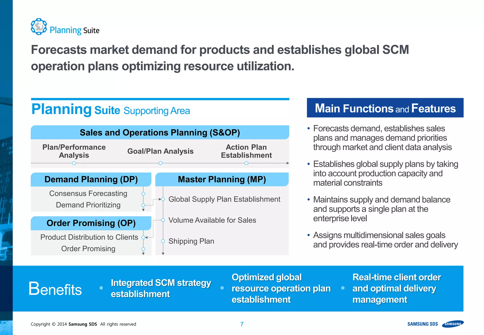 Copyright © 2014 Samsung SDS All rights reserved 7
• Forecasts demand, establishes sales
plans and manages demand priorities
through market and client data analysis
• Establishes global supply plans by taking
into account production capacity and
material constraints
• Maintains supply and demand balance
and supports a single plan at the
enterprise level
• Assigns multidimensional sales goals
and provides real-time order and delivery
Planning Suite SupportingArea Main Functionsand Features
Benefits
Global Supply Plan Establishment
Volume Available for Sales
Shipping Plan
Plan/Performance
Analysis
Goal/Plan Analysis
Action Plan
Establishment
Sales and Operations Planning (S&OP)
Consensus Forecasting
Demand Prioritizing
Demand Planning (DP)
Product Distribution to Clients
Order Promising
Order Promising (OP)
Master Planning (MP)
Integrated SCM strategy
establishment
Optimized global
resource operation plan
establishment
Real-time client order
and optimal delivery
management
Forecasts market demand for products and establishes global SCM
operation plans optimizing resource utilization.
 
