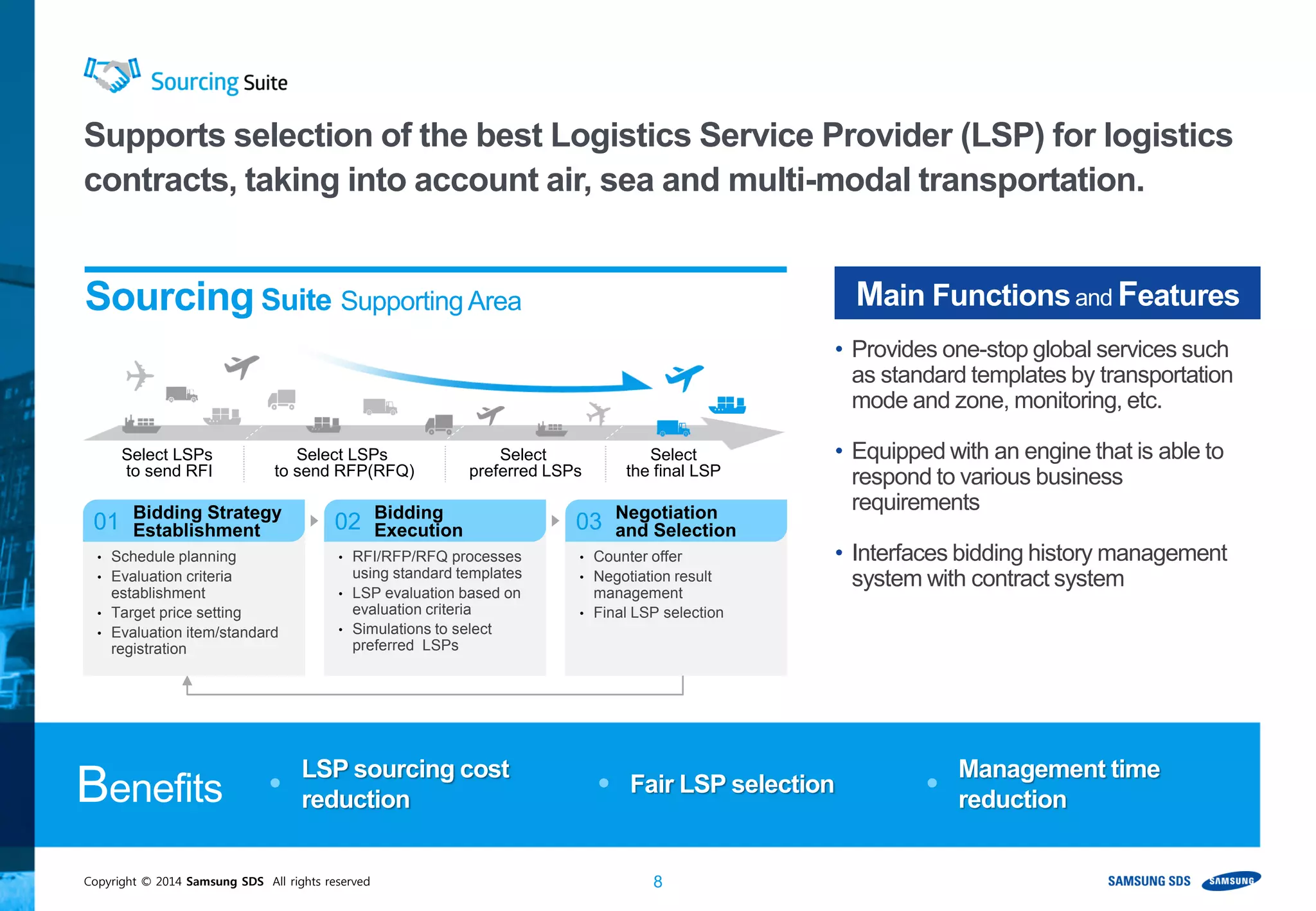 Copyright © 2014 Samsung SDS All rights reserved 8
LSP sourcing cost
reduction
Fair LSP selection
Management time
reductionBenefits
Supports selection of the best Logistics Service Provider (LSP) for logistics
contracts, taking into account air, sea and multi-modal transportation.
• Schedule planning
• Evaluation criteria
establishment
• Target price setting
• Evaluation item/standard
registration
Bidding Strategy
Establishment01
• RFI/RFP/RFQ processes
using standard templates
• LSP evaluation based on
evaluation criteria
• Simulations to select
preferred LSPs
Bidding
Execution02
• Counter offer
• Negotiation result
management
• Final LSP selection
Negotiation
and Selection03
Select LSPs
to send RFI
Select LSPs
to send RFP(RFQ)
Select
preferred LSPs
Select
the final LSP
Sourcing Suite SupportingArea Main Functionsand Features
• Provides one-stop global services such
as standard templates by transportation
mode and zone, monitoring, etc.
• Equipped with an engine that is able to
respond to various business
requirements
• Interfaces bidding history management
system with contract system
 
