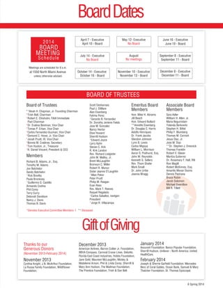 WE
serve 3 hot meals a day, 365 days a year for
more than 800,000 meals per year.
These achievements are made possible only
through the extraordinary efforts of our Board
of Trustees along with our staff and volunteers,
who are not satisfied with the status quo and
who continually strive for goals that reach
far beyond what is expected. It is through
dedication to excellence and a passion for
improving the lives of and empowering
the homeless to become self-sufficient that
we are able to fulfill our mission: to provide
comprehensive services to empower homeless
residents to become self-sufficient. I want to
express my deep appreciation and respect to all
the men, women and youth who have
supported Chapman Partnership and made our
organization a highly respected national “best
practice” model for helping the homeless. We
pray that all of you who read this message will
continue your strong support of this critically
important effort on behalf of some of our
community’s most vulnerable citizens.
With sincere appreciation,
Trish Bell
2 Spring 2014
 