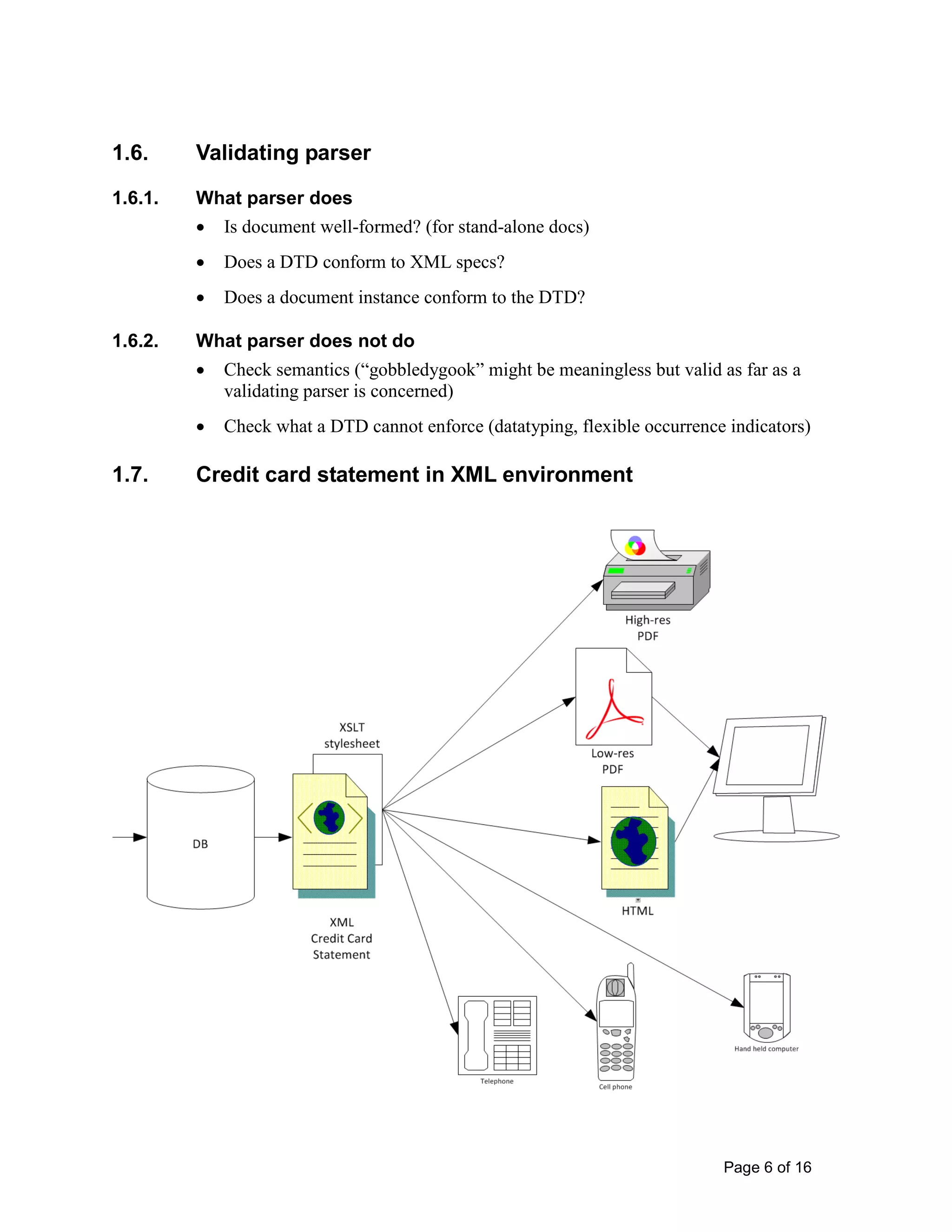 Page 6 of 16
1.6. Validating parser
1.6.1. What parser does
• Is document well-formed? (for stand-alone docs)
• Does a DTD conform to XML specs?
• Does a document instance conform to the DTD?
1.6.2. What parser does not do
• Check semantics (“gobbledygook” might be meaningless but valid as far as a
validating parser is concerned)
• Check what a DTD cannot enforce (datatyping, flexible occurrence indicators)
1.7. Credit card statement in XML environment
 