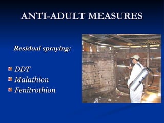 ANTI-ADULT MEASURES
ANTI-ADULT MEASURES
Residual spraying:
Residual spraying:
DDT
DDT
Malathion
Malathion
Fenitrothion
Fenitrothion
 