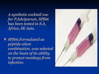 A synthetic cocktail vac
A synthetic cocktail vac
for P.falciparum, SPf66
for P.falciparum, SPf66
has been tested in S.A,
has been tested in S.A,
Africa, SE Asia.
Africa, SE Asia.
SPf66,Formulated as
SPf66,Formulated as
peptide-alum
peptide-alum
combination, was selected
combination, was selected
on the basis of its ability
on the basis of its ability
to protect monkeys from
to protect monkeys from
infection.
infection.
 