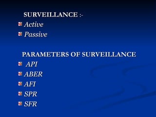 SURVEILLANCE
SURVEILLANCE :-
:-
Active
Active
Passive
Passive
PARAMETERS OF SURVEILLANCE
PARAMETERS OF SURVEILLANCE
API
API
ABER
ABER
AFI
AFI
SPR
SPR
SFR
SFR
 