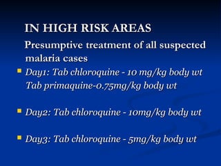 IN HIGH RISK AREAS
IN HIGH RISK AREAS
Presumptive treatment of all suspected
Presumptive treatment of all suspected
malaria cases
malaria cases
 Day1: Tab chloroquine - 10 mg/kg body wt
Day1: Tab chloroquine - 10 mg/kg body wt
Tab primaquine-0.75mg/kg body wt
Tab primaquine-0.75mg/kg body wt
 Day2: Tab chloroquine - 10mg/kg body wt
Day2: Tab chloroquine - 10mg/kg body wt
 Day3: Tab chloroquine - 5mg/kg body wt
Day3: Tab chloroquine - 5mg/kg body wt
 