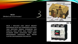 MCCB
(Molded case circuit breaker)
MCCB / MOULDED CASE CIRCUIT BREAKER
MERUPAKAN SALAH SATU KOMPONEN ELEKTRIKAL
YANG BERFUNGSI SEBAGAI PEYAMBUNG DAN
PEMUTUS ARUS KETIKA ARUS RENDAH ATAU
KELEBIHAN BEBAN (OVERLOAD) YANG DAPAT
MENYEBABKAN KEROSAKAN PADA MOTOR
ELEKTRIK DAN KEBAKARAN PERCIKAN API.
 
