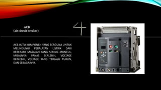 ACB IAITU KOMPONEN YANG BERGUNA UNTUK
MELINDUNGI PERALATAN LISTRIK DARI
BEBERAPA MASALAH YANG SERING MUNCUL,
MISALNYA: PANAS BERLEBIH, VOLTAGE
BERLEBIH, VOLTAGE YANG TERLALU TURUN,
DAN SEBAGAINYA.
ACB
(air circuit breaker)
 