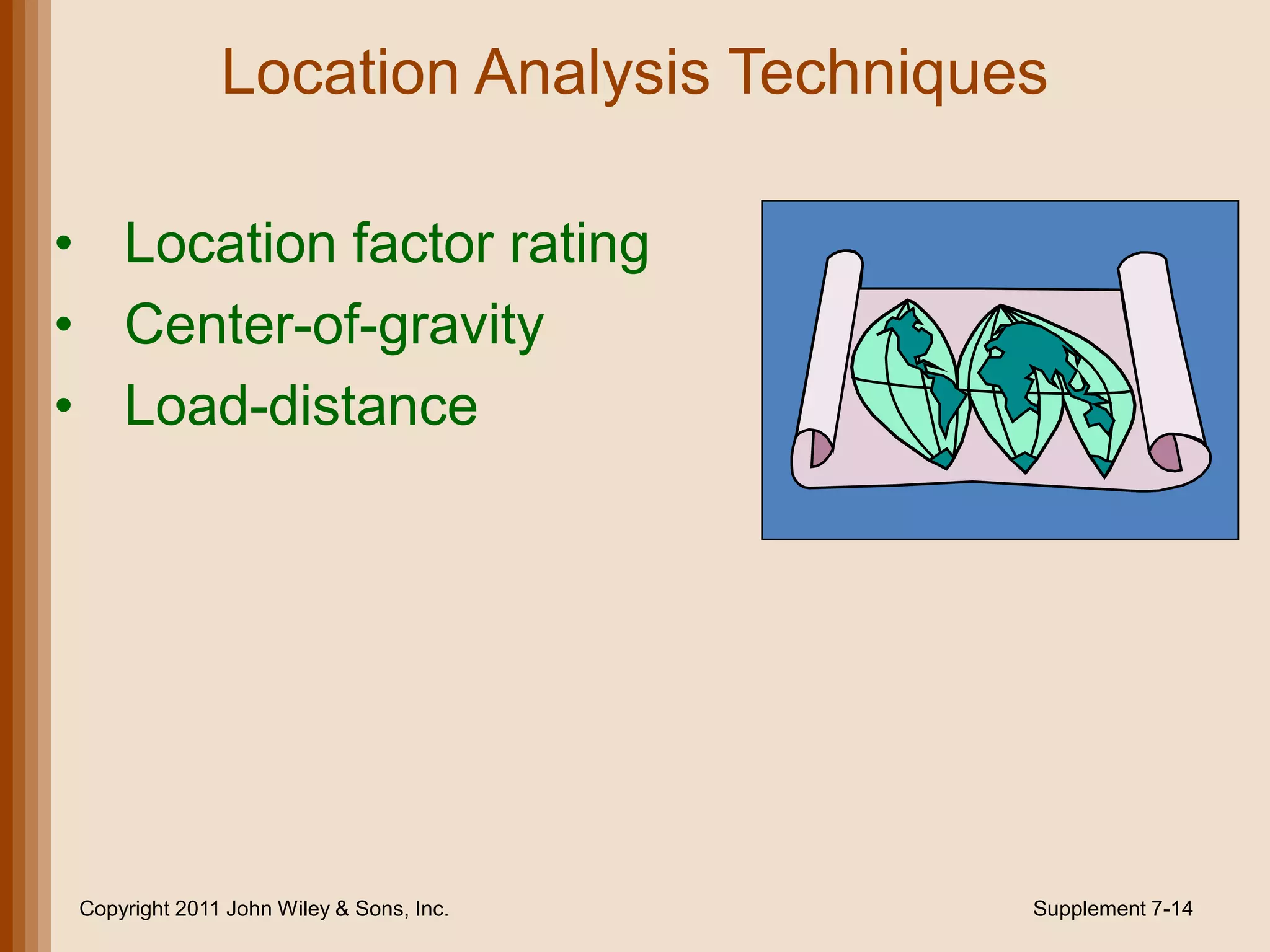 Location Analysis Techniques

• Location factor rating
• Center-of-gravity
• Load-distance




 Copyright 2011 John Wiley & Sons, Inc.   Supplement 7-14
 