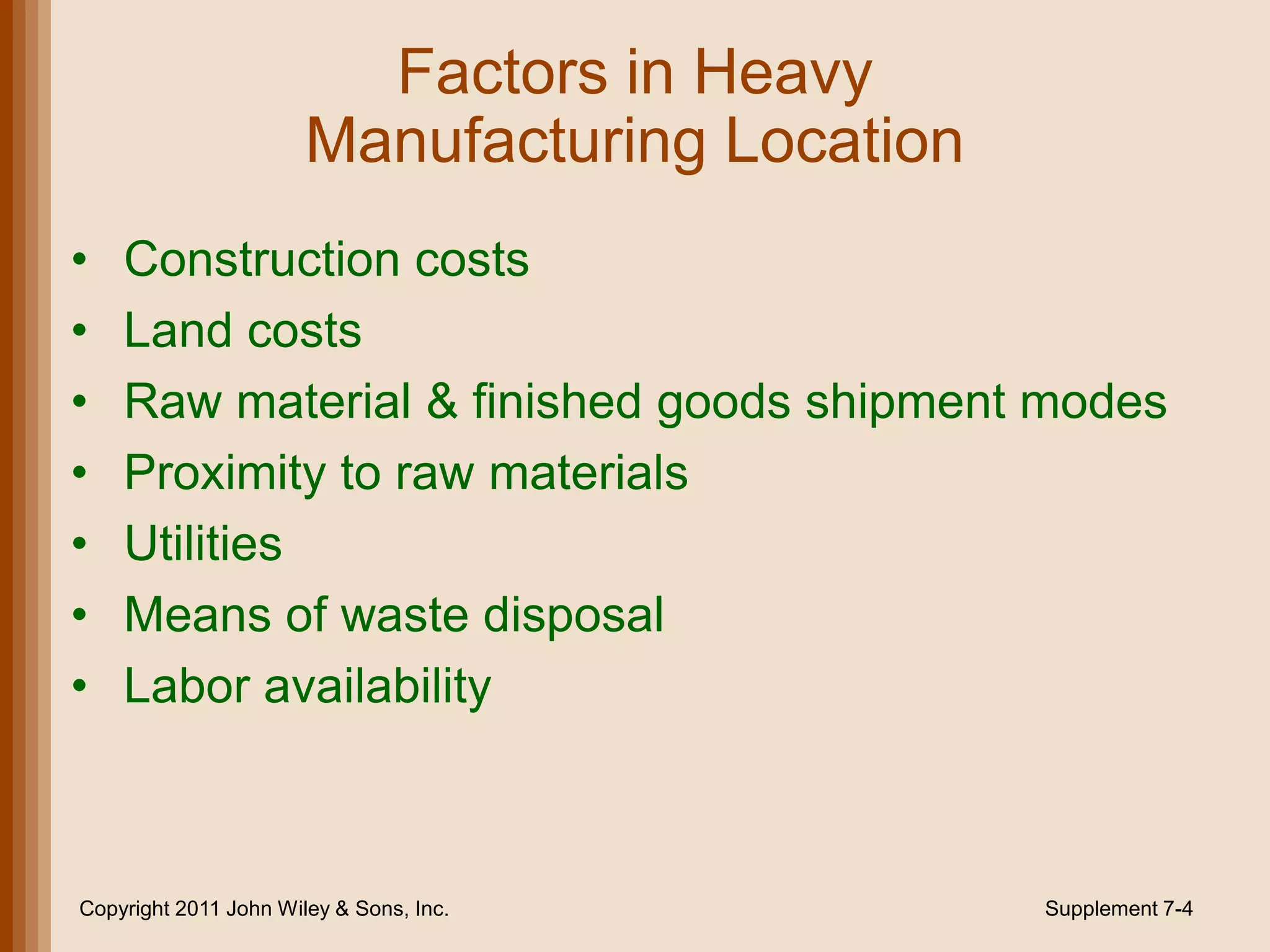 Factors in Heavy
                       Manufacturing Location
•   Construction costs
•   Land costs
•   Raw material & finished goods shipment modes
•   Proximity to raw materials
•   Utilities
•   Means of waste disposal
•   Labor availability



Copyright 2011 John Wiley & Sons, Inc.          Supplement 7-4
 
