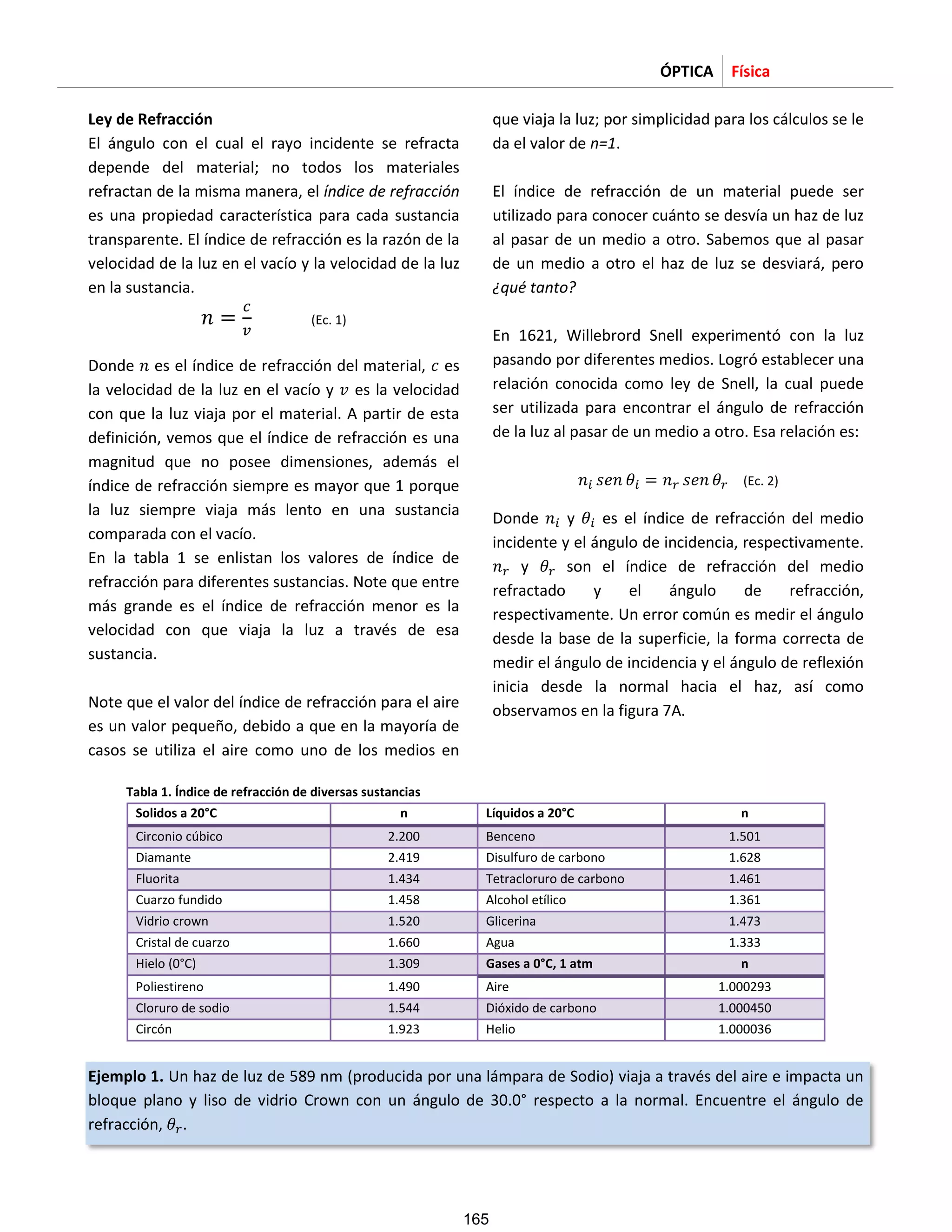 ÓPTICA Física
Ley de Refracción
El ángulo con el cual el rayo incidente se refracta
depende del material; no todos los materiales
refractan de la misma manera, el índice de refracción
es una propiedad característica para cada sustancia
transparente. El índice de refracción es la razón de la
velocidad de la luz en el vacío y la velocidad de la luz
en la sustancia.
(Ec. 1)
Donde es el índice de refracción del material, es
la velocidad de la luz en el vacío y es la velocidad
con que la luz viaja por el material. A partir de esta
definición, vemos que el índice de refracción es una
magnitud que no posee dimensiones, además el
índice de refracción siempre es mayor que 1 porque
la luz siempre viaja más lento en una sustancia
comparada con el vacío.
En la tabla 1 se enlistan los valores de índice de
refracción para diferentes sustancias. Note que entre
más grande es el índice de refracción menor es la
velocidad con que viaja la luz a través de esa
sustancia.
Note que el valor del índice de refracción para el aire
es un valor pequeño, debido a que en la mayoría de
casos se utiliza el aire como uno de los medios en
que viaja la luz; por simplicidad para los cálculos se le
da el valor de n=1.
El índice de refracción de un material puede ser
utilizado para conocer cuánto se desvía un haz de luz
al pasar de un medio a otro. Sabemos que al pasar
de un medio a otro el haz de luz se desviará, pero
¿qué tanto?
En 1621, Willebrord Snell experimentó con la luz
pasando por diferentes medios. Logró establecer una
relación conocida como ley de Snell, la cual puede
ser utilizada para encontrar el ángulo de refracción
de la luz al pasar de un medio a otro. Esa relación es:
(Ec. 2)
Donde y es el índice de refracción del medio
incidente y el ángulo de incidencia, respectivamente.
y son el índice de refracción del medio
refractado y el ángulo de refracción,
respectivamente. Un error común es medir el ángulo
desde la base de la superficie, la forma correcta de
medir el ángulo de incidencia y el ángulo de reflexión
inicia desde la normal hacia el haz, así como
observamos en la figura 7A.
Tabla 1. Índice de refracción de diversas sustancias
Solidos a 20°C n Líquidos a 20°C n
Circonio cúbico 2.200 Benceno 1.501
Diamante 2.419 Disulfuro de carbono 1.628
Fluorita 1.434 Tetracloruro de carbono 1.461
Cuarzo fundido 1.458 Alcohol etílico 1.361
Vidrio crown 1.520 Glicerina 1.473
Cristal de cuarzo 1.660 Agua 1.333
Hielo (0°C) 1.309 Gases a 0°C, 1 atm n
Poliestireno 1.490 Aire 1.000293
Cloruro de sodio 1.544 Dióxido de carbono 1.000450
Circón 1.923 Helio 1.000036
Ejemplo 1. Un haz de luz de 589 nm (producida por una lámpara de Sodio) viaja a través del aire e impacta un
bloque plano y liso de vidrio Crown con un ángulo de 30.0° respecto a la normal. Encuentre el ángulo de
refracción, .
165
 