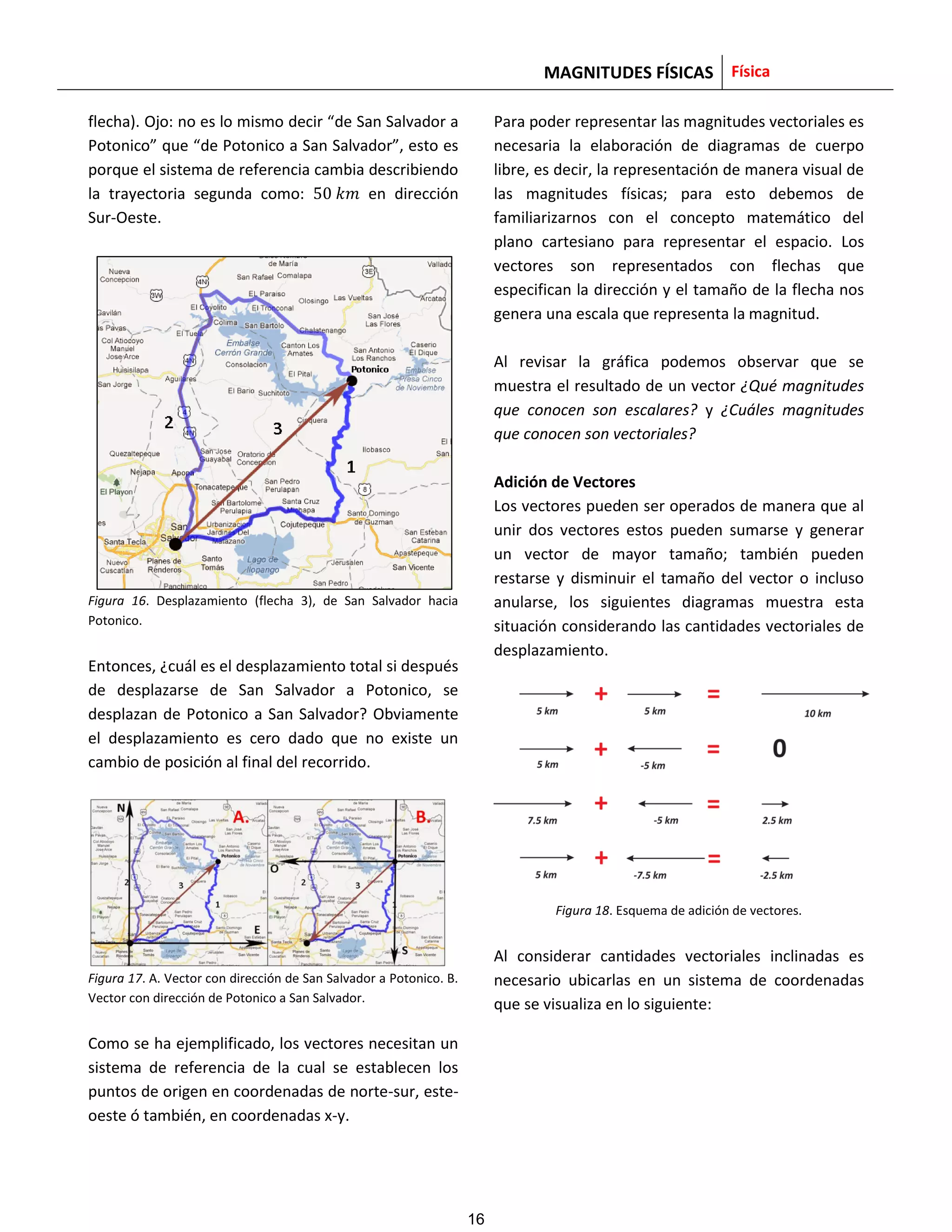 MAGNITUDES FÍSICAS Física
flecha). Ojo: no es lo mismo decir “de San Salvador a
Potonico” que “de Potonico a San Salvador”, esto es
porque el sistema de referencia cambia describiendo
la trayectoria segunda como: en dirección
Sur-Oeste.
Figura 16. Desplazamiento (flecha 3), de San Salvador hacia
Potonico.
Entonces, ¿cuál es el desplazamiento total si después
de desplazarse de San Salvador a Potonico, se
desplazan de Potonico a San Salvador? Obviamente
el desplazamiento es cero dado que no existe un
cambio de posición al final del recorrido.
Figura 17. A. Vector con dirección de San Salvador a Potonico. B.
Vector con dirección de Potonico a San Salvador.
Como se ha ejemplificado, los vectores necesitan un
sistema de referencia de la cual se establecen los
puntos de origen en coordenadas de norte-sur, este-
oeste ó también, en coordenadas x-y.
Para poder representar las magnitudes vectoriales es
necesaria la elaboración de diagramas de cuerpo
libre, es decir, la representación de manera visual de
las magnitudes físicas; para esto debemos de
familiarizarnos con el concepto matemático del
plano cartesiano para representar el espacio. Los
vectores son representados con flechas que
especifican la dirección y el tamaño de la flecha nos
genera una escala que representa la magnitud.
Al revisar la gráfica podemos observar que se
muestra el resultado de un vector ¿Qué magnitudes
que conocen son escalares? y ¿Cuáles magnitudes
que conocen son vectoriales?
Adición de Vectores
Los vectores pueden ser operados de manera que al
unir dos vectores estos pueden sumarse y generar
un vector de mayor tamaño; también pueden
restarse y disminuir el tamaño del vector o incluso
anularse, los siguientes diagramas muestra esta
situación considerando las cantidades vectoriales de
desplazamiento.
Figura 18. Esquema de adición de vectores.
Al considerar cantidades vectoriales inclinadas es
necesario ubicarlas en un sistema de coordenadas
que se visualiza en lo siguiente:
16
 