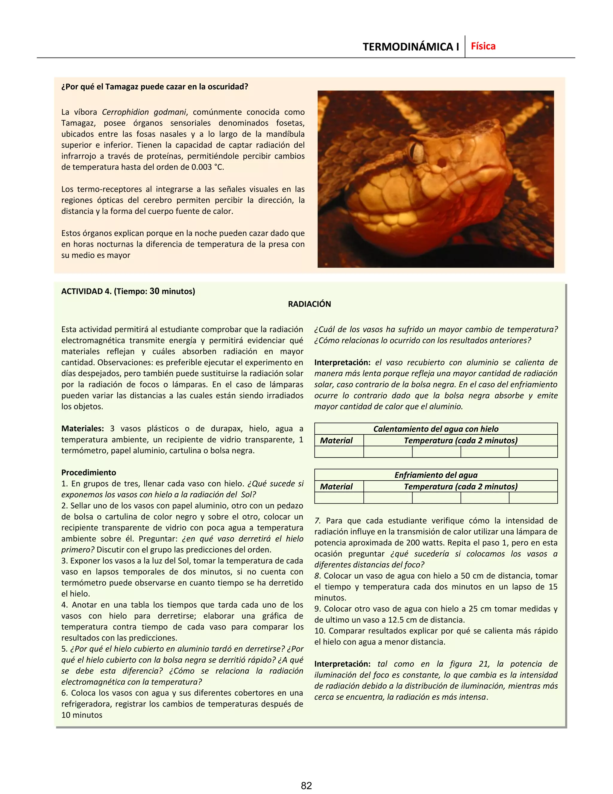 TERMODINÁMICA I Física
¿Por qué el Tamagaz puede cazar en la oscuridad?
La víbora Cerrophidion godmani, comúnmente conocida como
Tamagaz, posee órganos sensoriales denominados fosetas,
ubicados entre las fosas nasales y a lo largo de la mandíbula
superior e inferior. Tienen la capacidad de captar radiación del
infrarrojo a través de proteínas, permitiéndole percibir cambios
de temperatura hasta del orden de 0.003 °C.
Los termo-receptores al integrarse a las señales visuales en las
regiones ópticas del cerebro permiten percibir la dirección, la
distancia y la forma del cuerpo fuente de calor.
Estos órganos explican porque en la noche pueden cazar dado que
en horas nocturnas la diferencia de temperatura de la presa con
su medio es mayor
.
ACTIVIDAD 4. (Tiempo: 30 minutos)
RADIACIÓN
Esta actividad permitirá al estudiante comprobar que la radiación
electromagnética transmite energía y permitirá evidenciar qué
materiales reflejan y cuáles absorben radiación en mayor
cantidad. Observaciones: es preferible ejecutar el experimento en
días despejados, pero también puede sustituirse la radiación solar
por la radiación de focos o lámparas. En el caso de lámparas
pueden variar las distancias a las cuales están siendo irradiados
los objetos.
Materiales: 3 vasos plásticos o de durapax, hielo, agua a
temperatura ambiente, un recipiente de vidrio transparente, 1
termómetro, papel aluminio, cartulina o bolsa negra.
Procedimiento
8. 1. En grupos de tres, llenar cada vaso con hielo. ¿Qué sucede si
exponemos los vasos con hielo a la radiación del Sol?
9. 2. Sellar uno de los vasos con papel aluminio, otro con un pedazo
de bolsa o cartulina de color negro y sobre el otro, colocar un
recipiente transparente de vidrio con poca agua a temperatura
ambiente sobre él. Preguntar: ¿en qué vaso derretirá el hielo
primero? Discutir con el grupo las predicciones del orden.
10. 3. Exponer los vasos a la luz del Sol, tomar la temperatura de cada
vaso en lapsos temporales de dos minutos, si no cuenta con
termómetro puede observarse en cuanto tiempo se ha derretido
el hielo.
11. 4. Anotar en una tabla los tiempos que tarda cada uno de los
vasos con hielo para derretirse; elaborar una gráfica de
temperatura contra tiempo de cada vaso para comparar los
resultados con las predicciones.
5. ¿Por qué el hielo cubierto en aluminio tardó en derretirse? ¿Por
qué el hielo cubierto con la bolsa negra se derritió rápido? ¿A qué
se debe esta diferencia? ¿Cómo se relaciona la radiación
electromagnética con la temperatura?
6. Coloca los vasos con agua y sus diferentes cobertores en una
refrigeradora, registrar los cambios de temperaturas después de
10 minutos
¿Cuál de los vasos ha sufrido un mayor cambio de temperatura?
¿Cómo relacionas lo ocurrido con los resultados anteriores?
Interpretación: el vaso recubierto con aluminio se calienta de
manera más lenta porque refleja una mayor cantidad de radiación
solar, caso contrario de la bolsa negra. En el caso del enfriamiento
ocurre lo contrario dado que la bolsa negra absorbe y emite
mayor cantidad de calor que el aluminio.
Calentamiento del agua con hielo
Material Temperatura (cada 2 minutos)
Enfriamiento del agua
Material Temperatura (cada 2 minutos)
7. Para que cada estudiante verifique cómo la intensidad de
radiación influye en la transmisión de calor utilizar una lámpara de
potencia aproximada de 200 watts. Repita el paso 1, pero en esta
ocasión preguntar ¿qué sucedería si colocamos los vasos a
diferentes distancias del foco?
8. Colocar un vaso de agua con hielo a 50 cm de distancia, tomar
el tiempo y temperatura cada dos minutos en un lapso de 15
minutos.
9. Colocar otro vaso de agua con hielo a 25 cm tomar medidas y
de ultimo un vaso a 12.5 cm de distancia.
10. Comparar resultados explicar por qué se calienta más rápido
el hielo con agua a menor distancia.
Interpretación: tal como en la figura 21, la potencia de
iluminación del foco es constante, lo que cambia es la intensidad
de radiación debido a la distribución de iluminación, mientras más
cerca se encuentra, la radiación es más intensa.
82
 